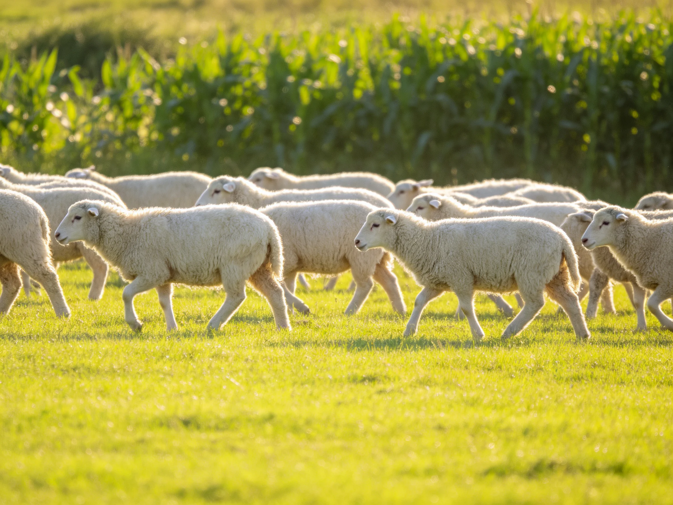 A flock of white lambs roams a sunlit green pasture