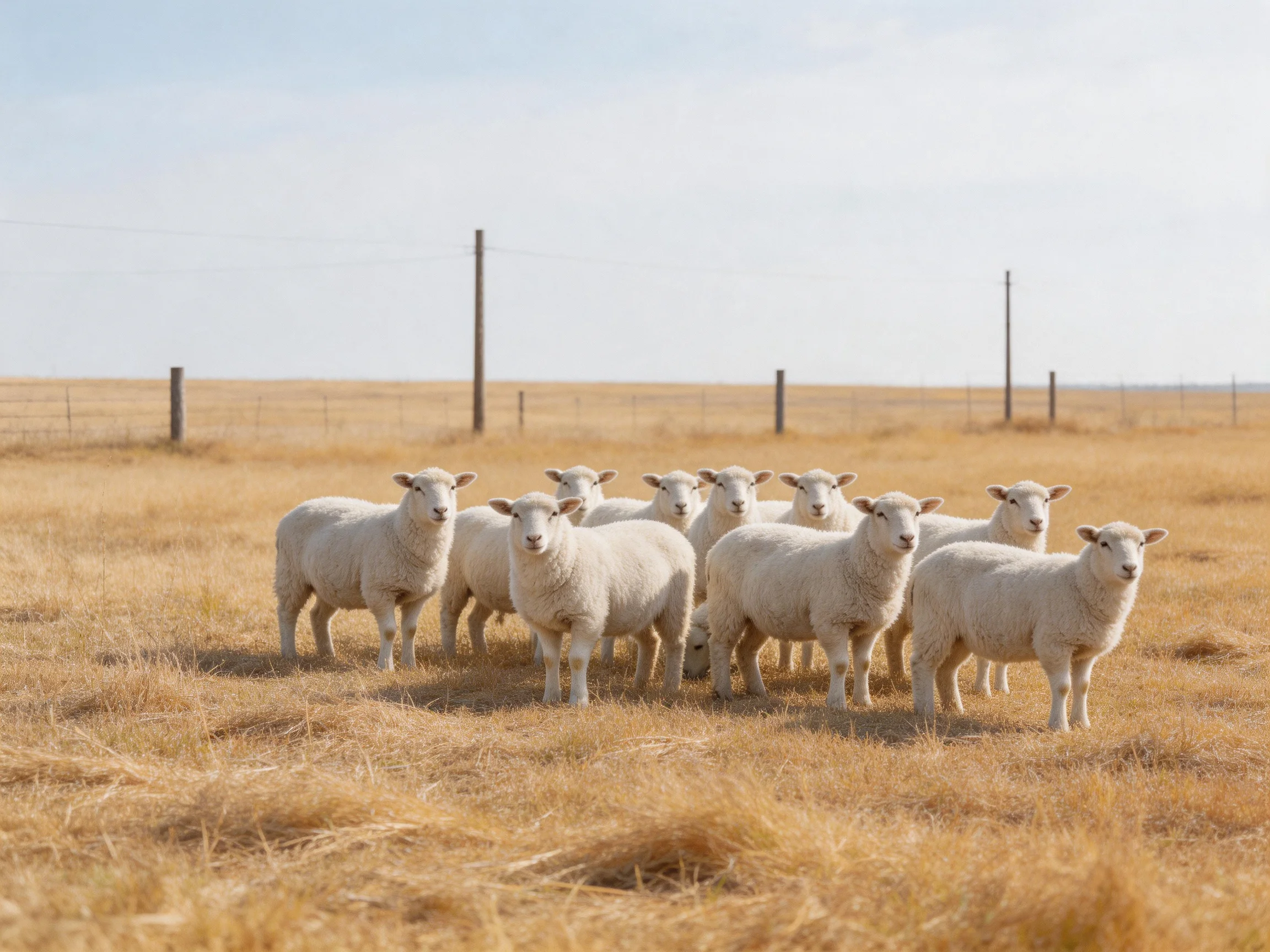 A flock of white sheep gathered in a golden field