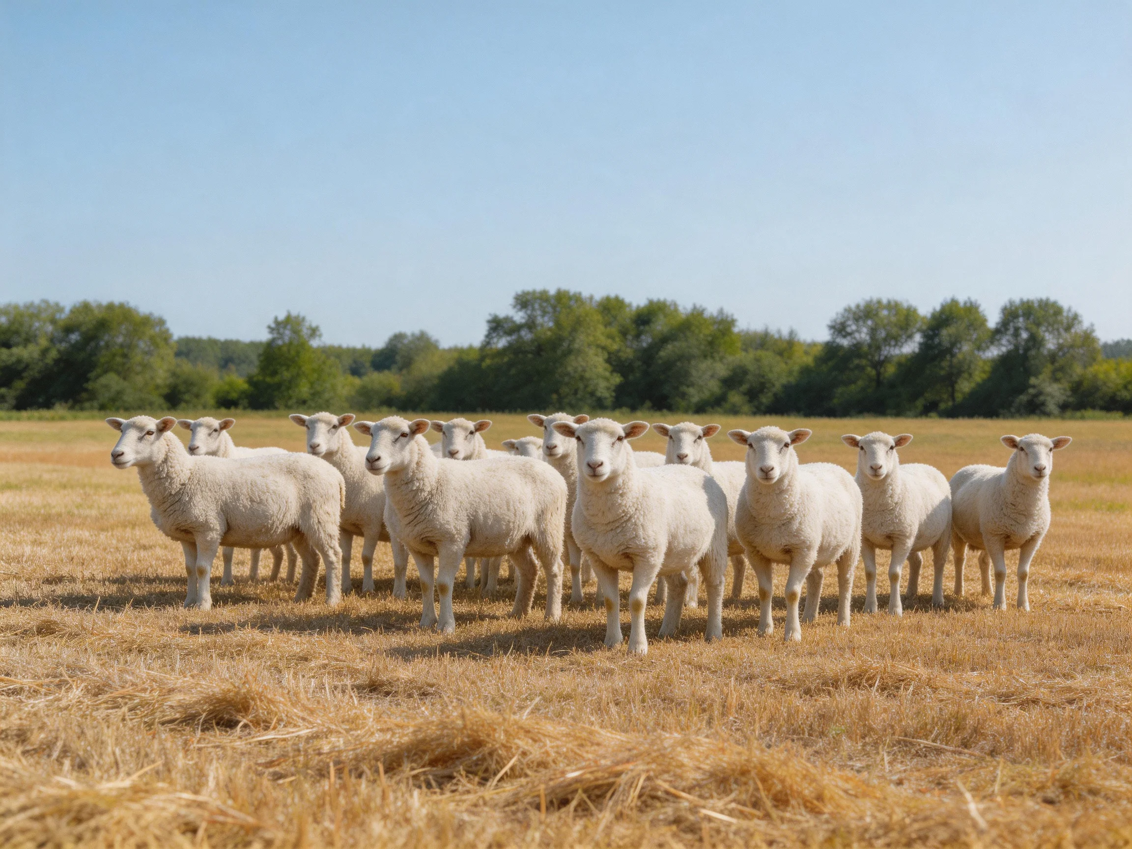 A flock of white sheep gathered in a golden hayfield with green trees