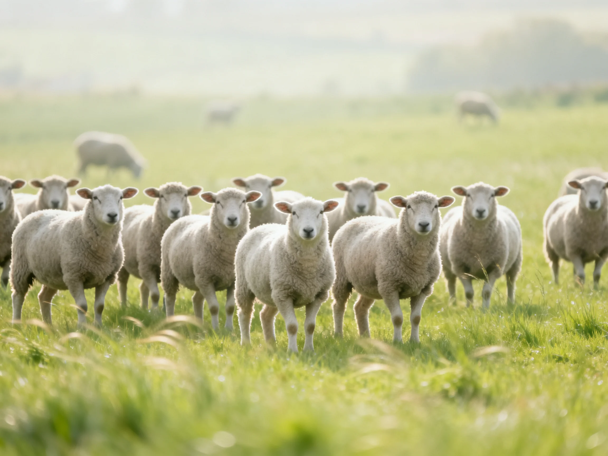 A flock of white sheep gathered in a lush green pasture