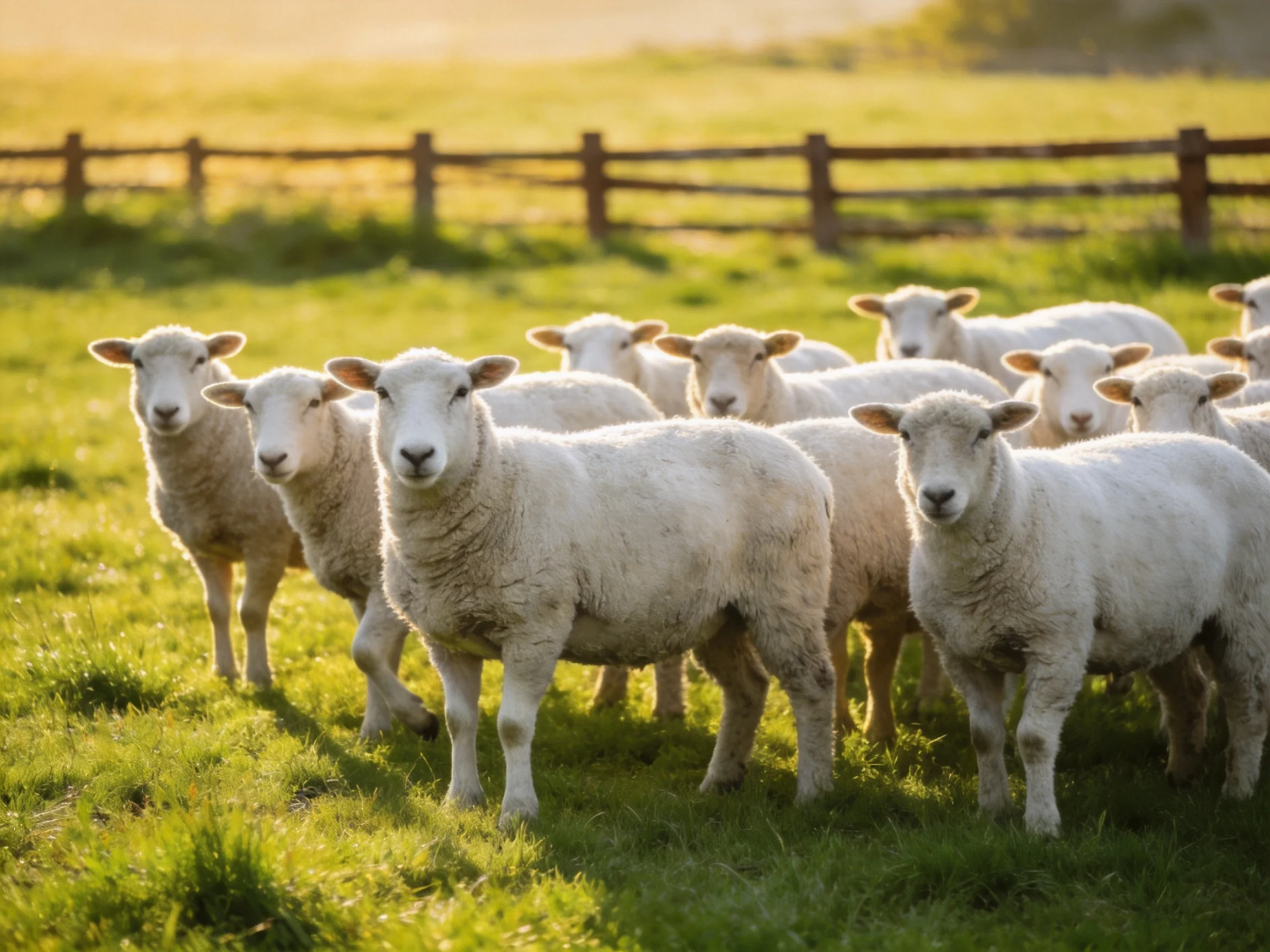A flock of white sheep gathered in a sunlit green pasture near a wooden fence