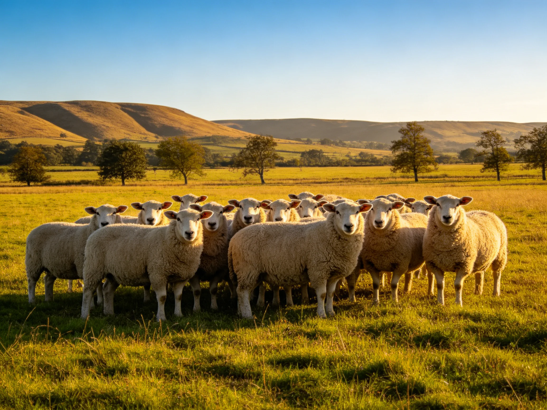 A flock of white sheep gathered in a sunlit pasture