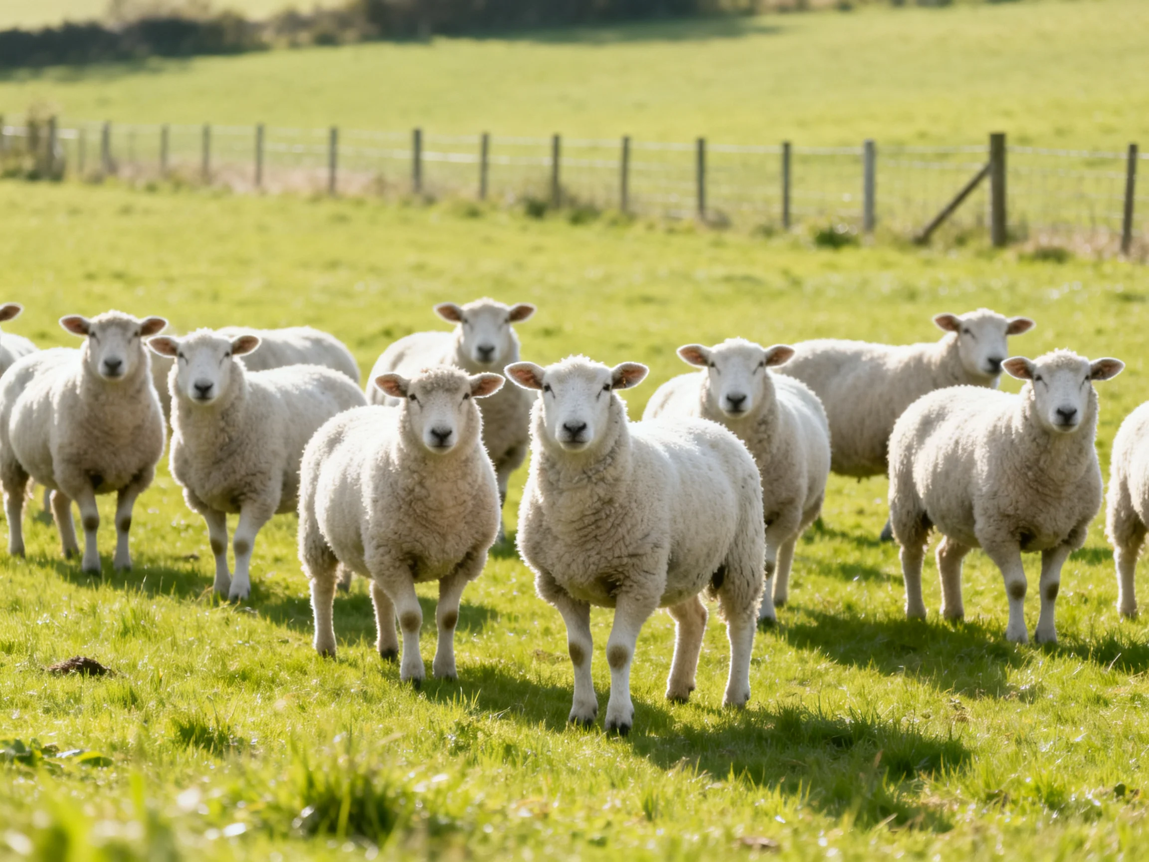 A flock of white sheep gathered in a sunlit pasture