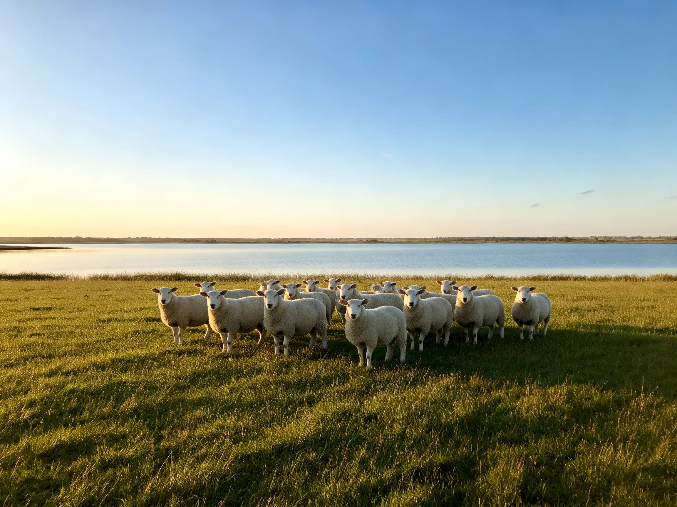 A flock of white sheep gathered near a calm body of water