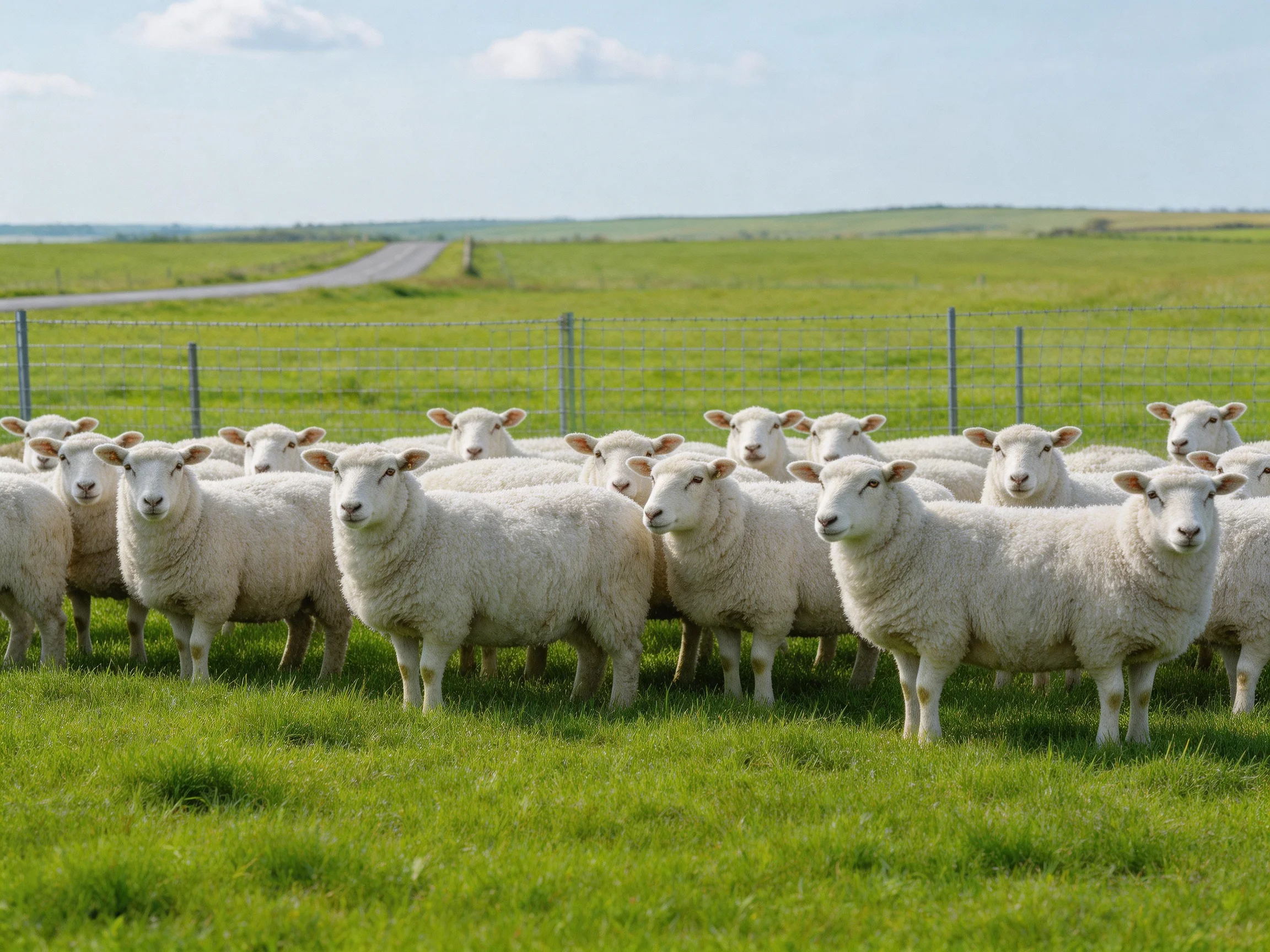 A flock of white sheep gathered near a wire fence in a green pasture