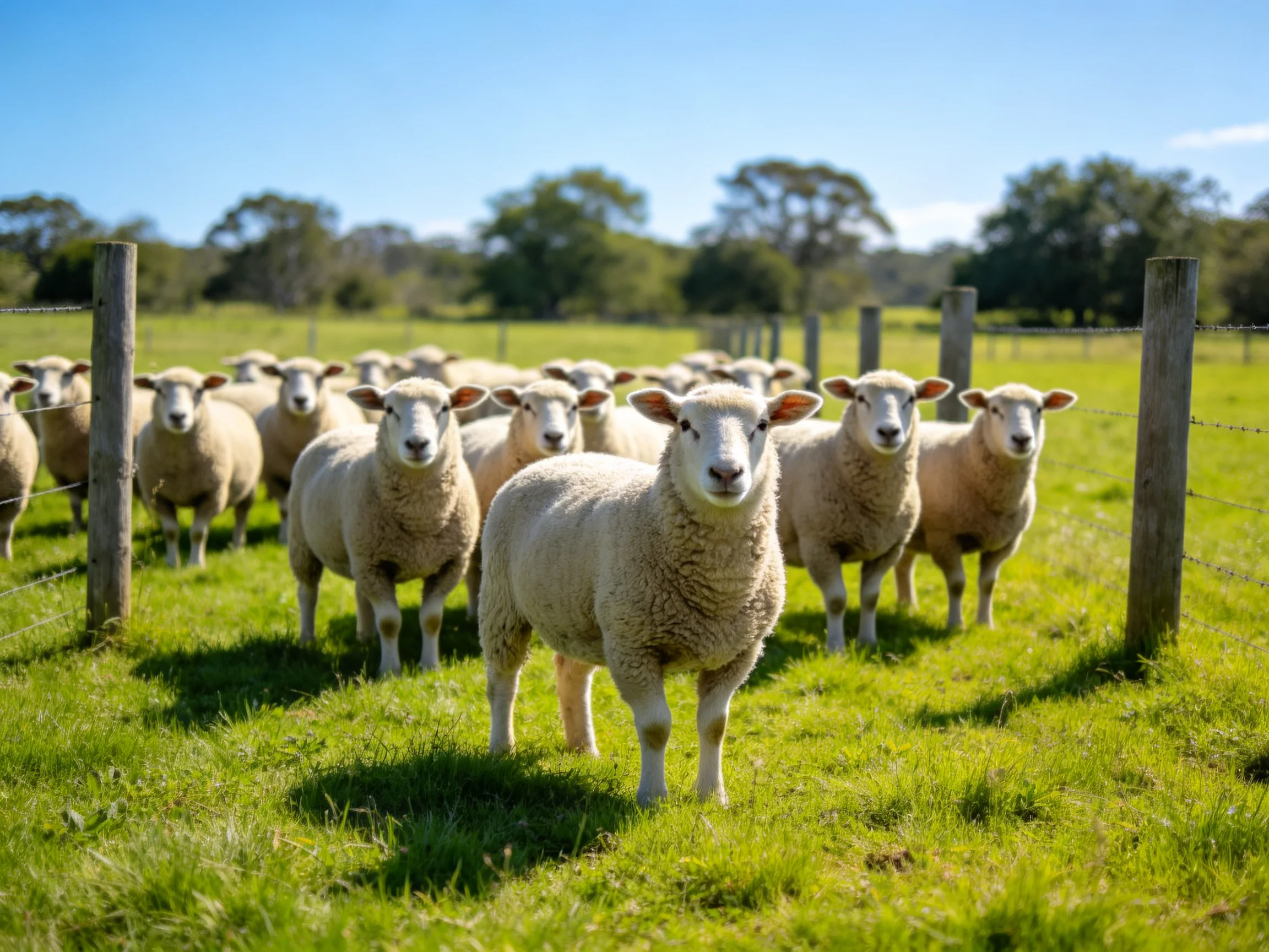 A flock of white sheep gathered near a wooden fence in a bright green pasture