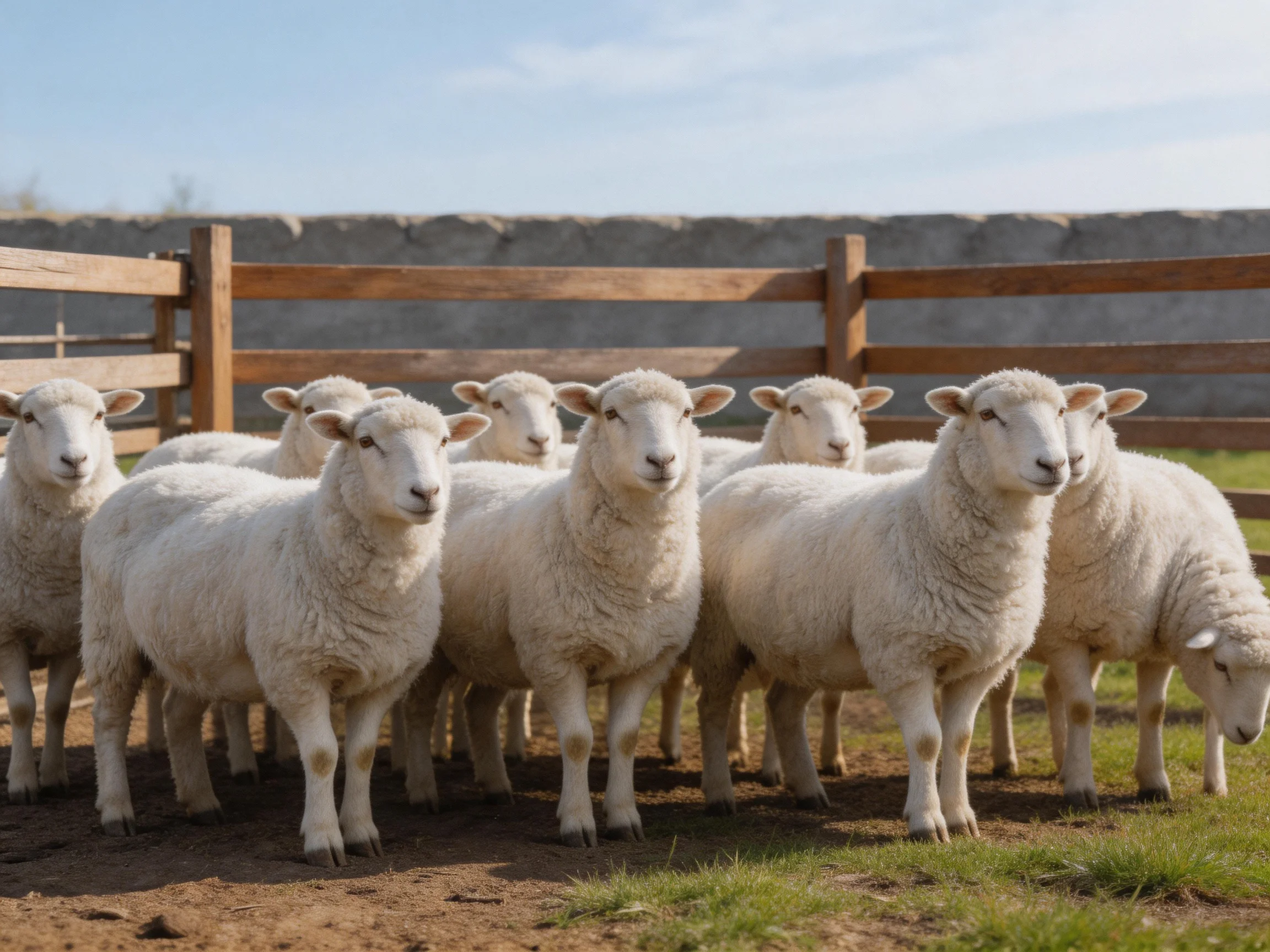 A flock of white sheep gathered near wooden fencing