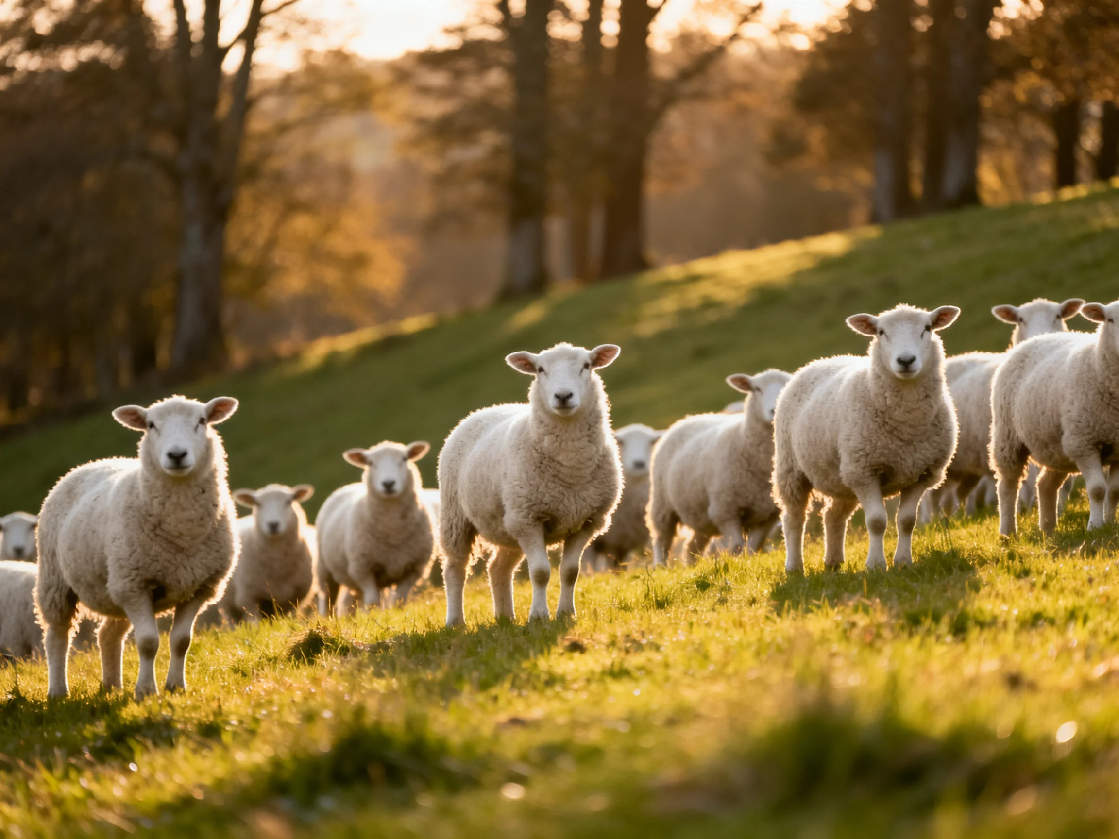 A flock of white sheep gathered on a golden grassy hillside