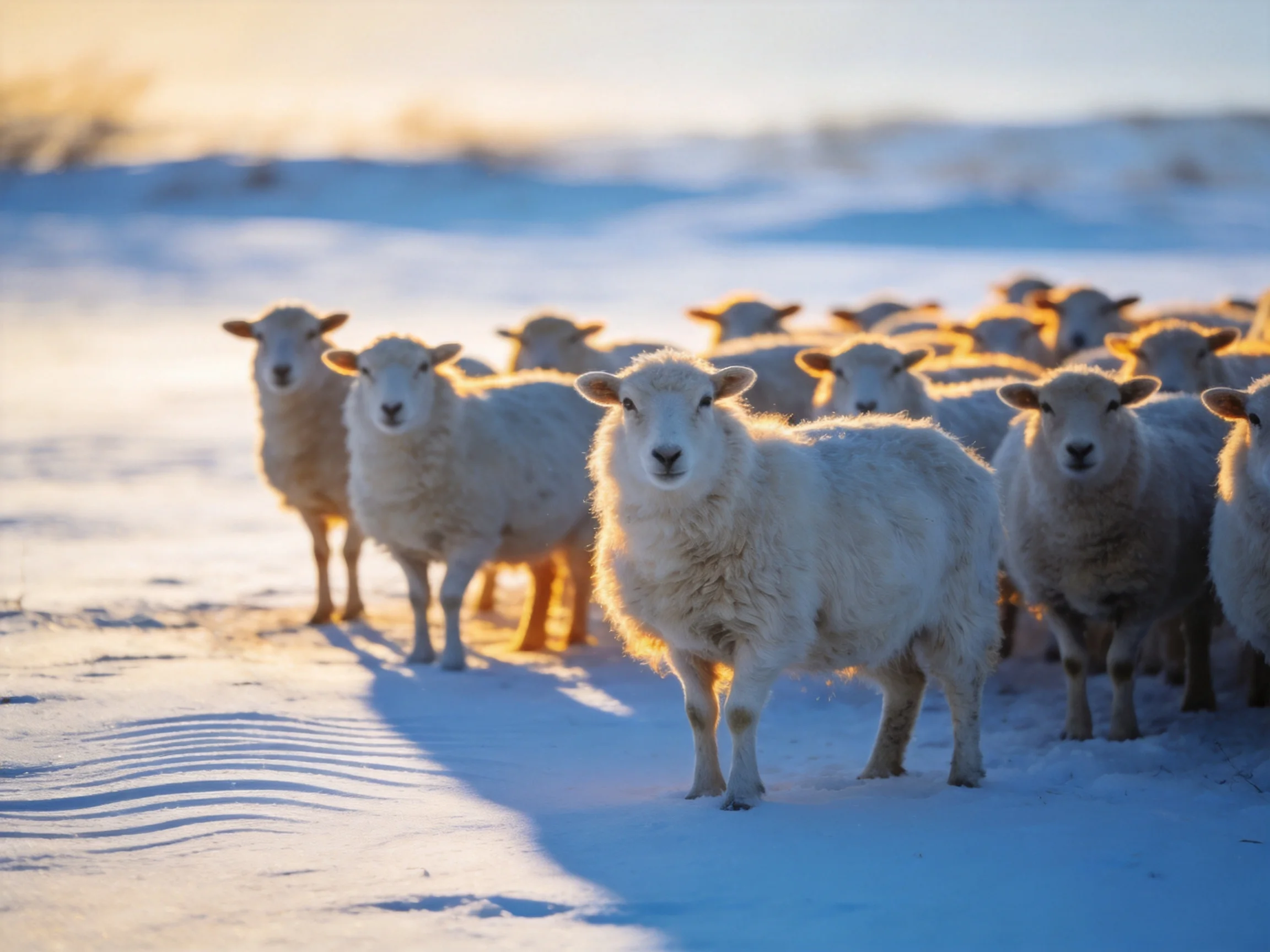 A flock of white sheep gathered on a snow - covered field under golden sunlight