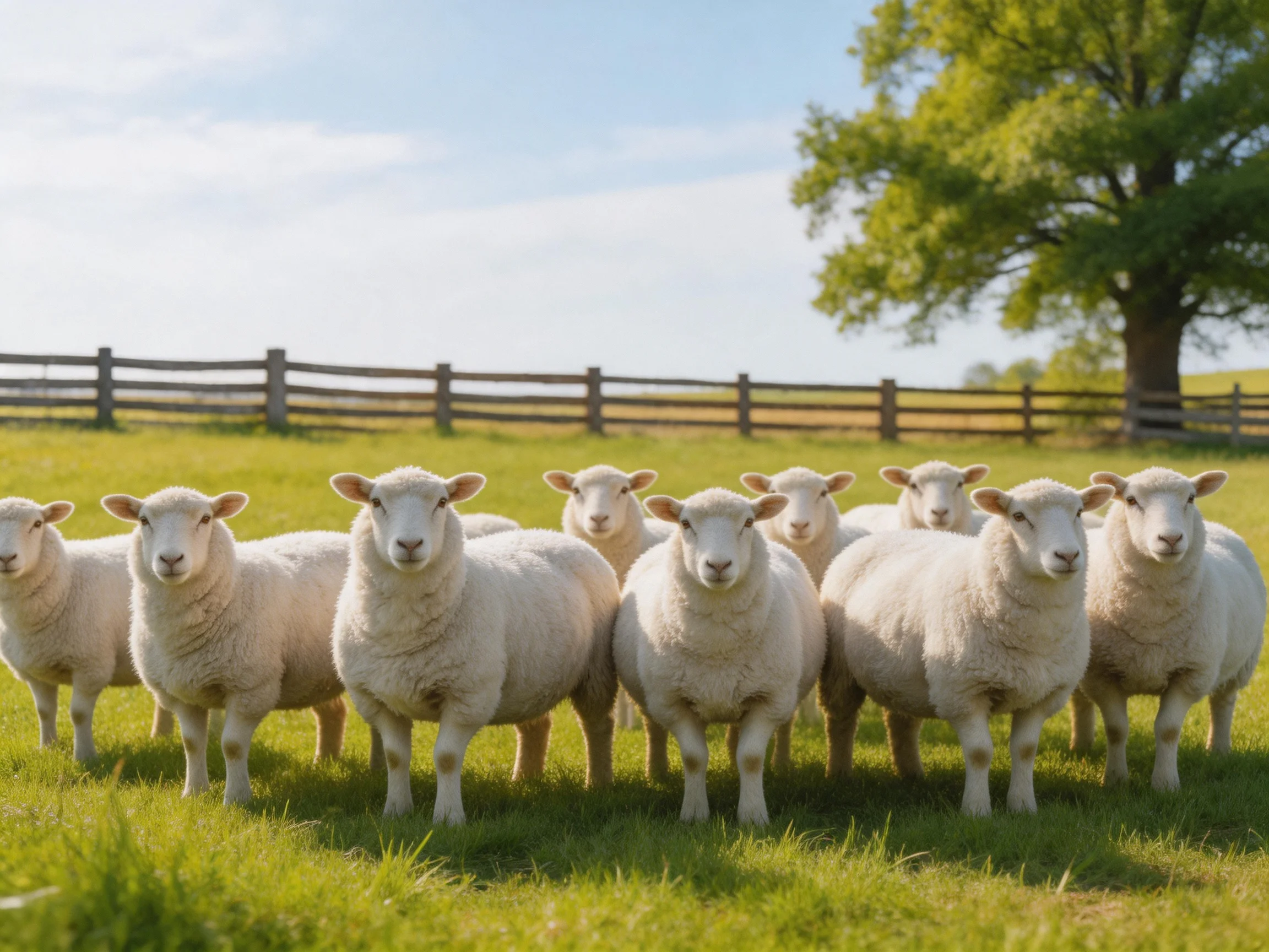 A flock of white sheep gathers in a sunlit green pasture