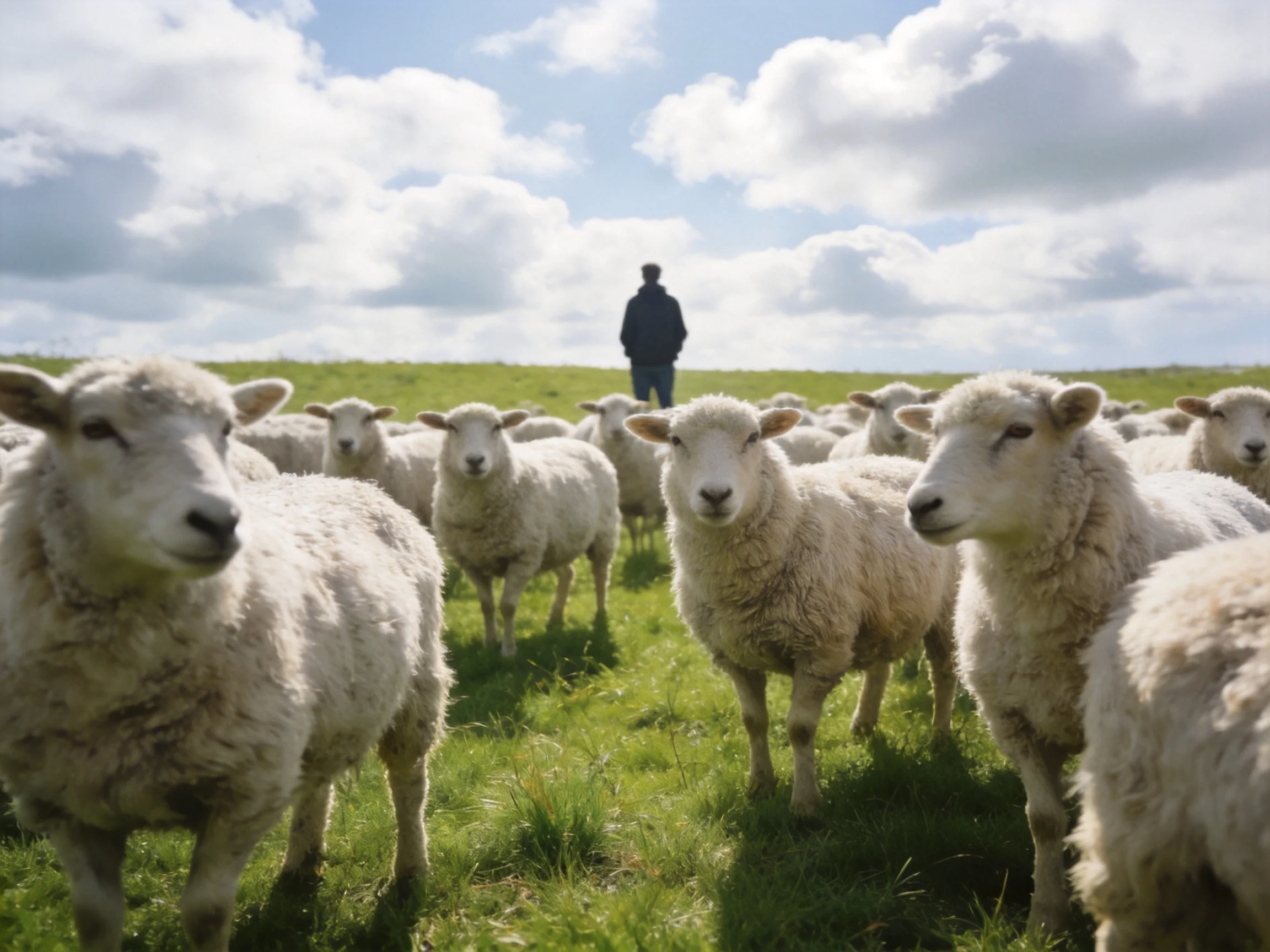 A flock of white sheep gathers near a shepherd in a sunny meadow