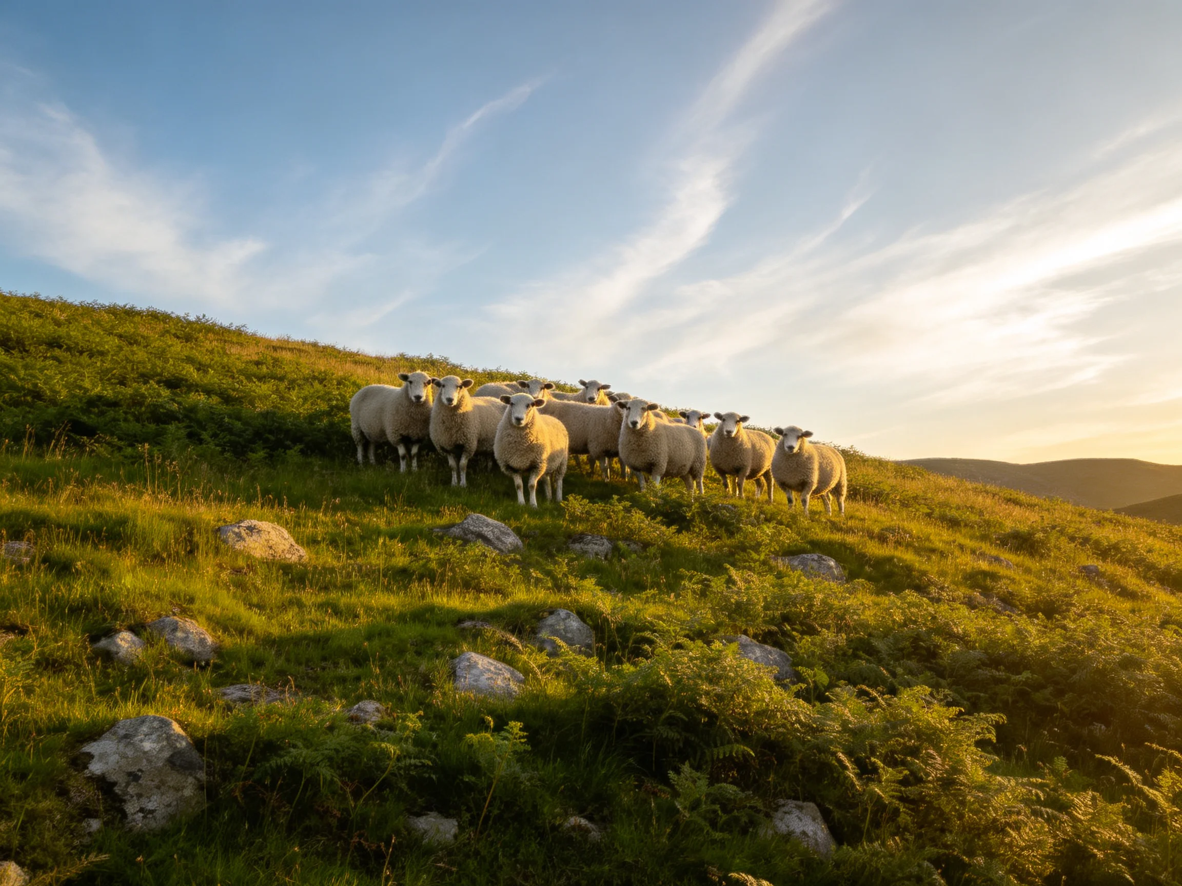 A flock of white sheep gathers on a lush green hillside at golden hour