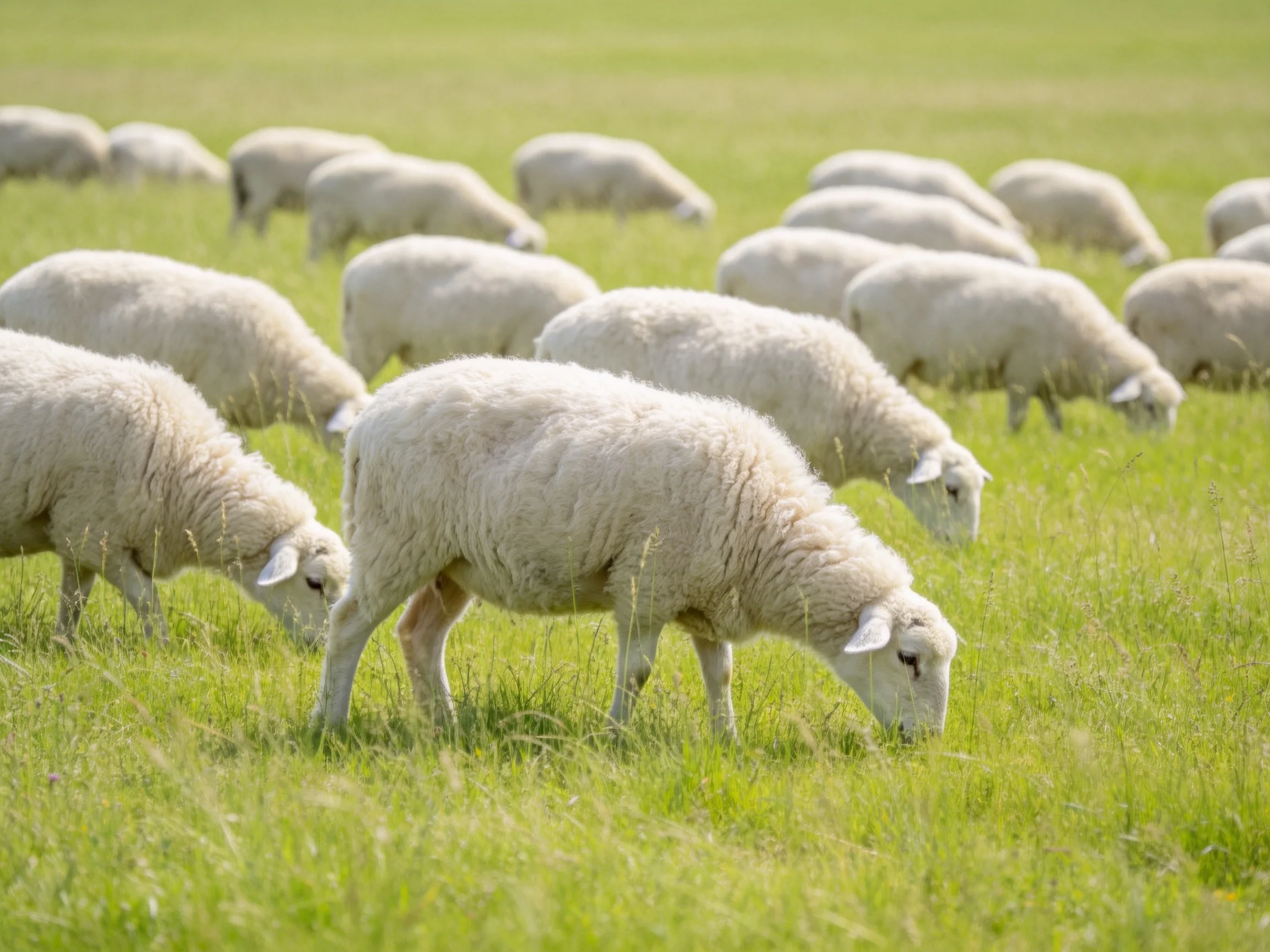 Sheep graze in a green meadow.