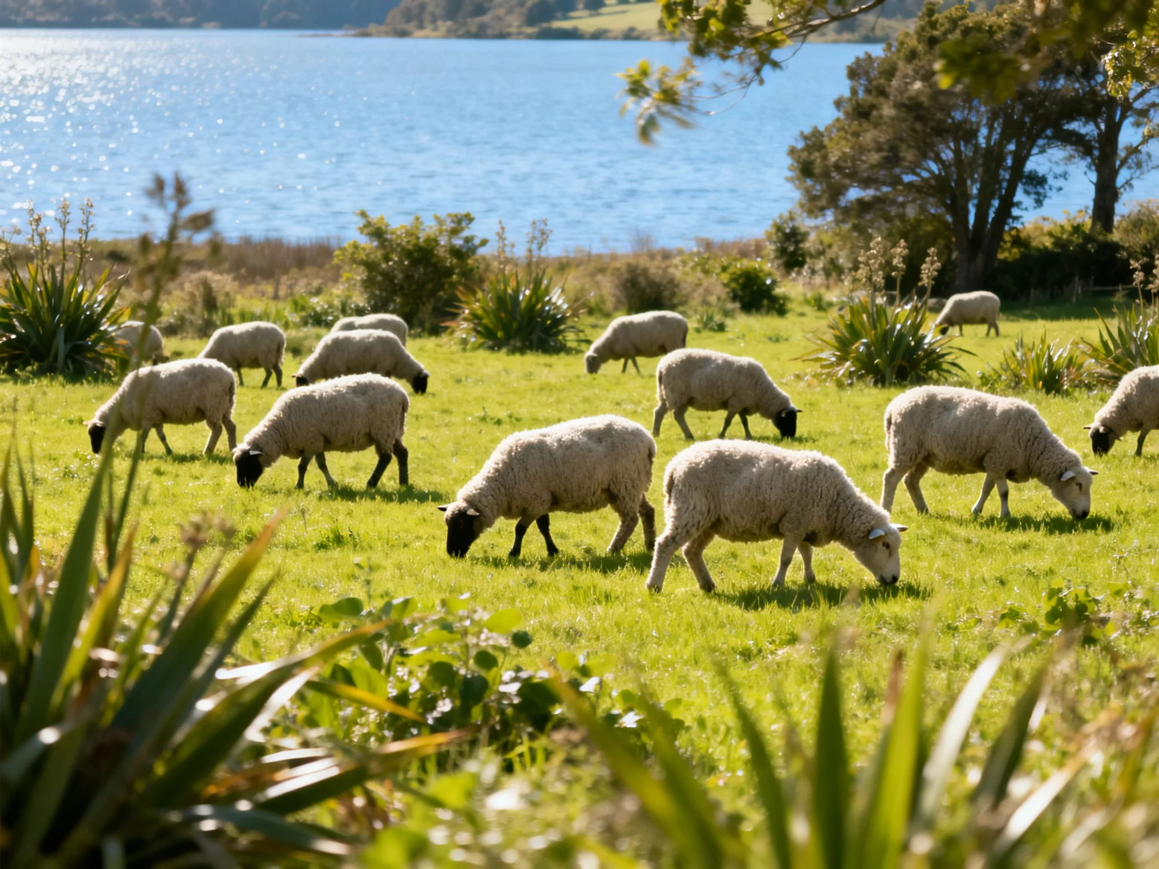 Sheep graze in a green meadow beside a bright blue lake.