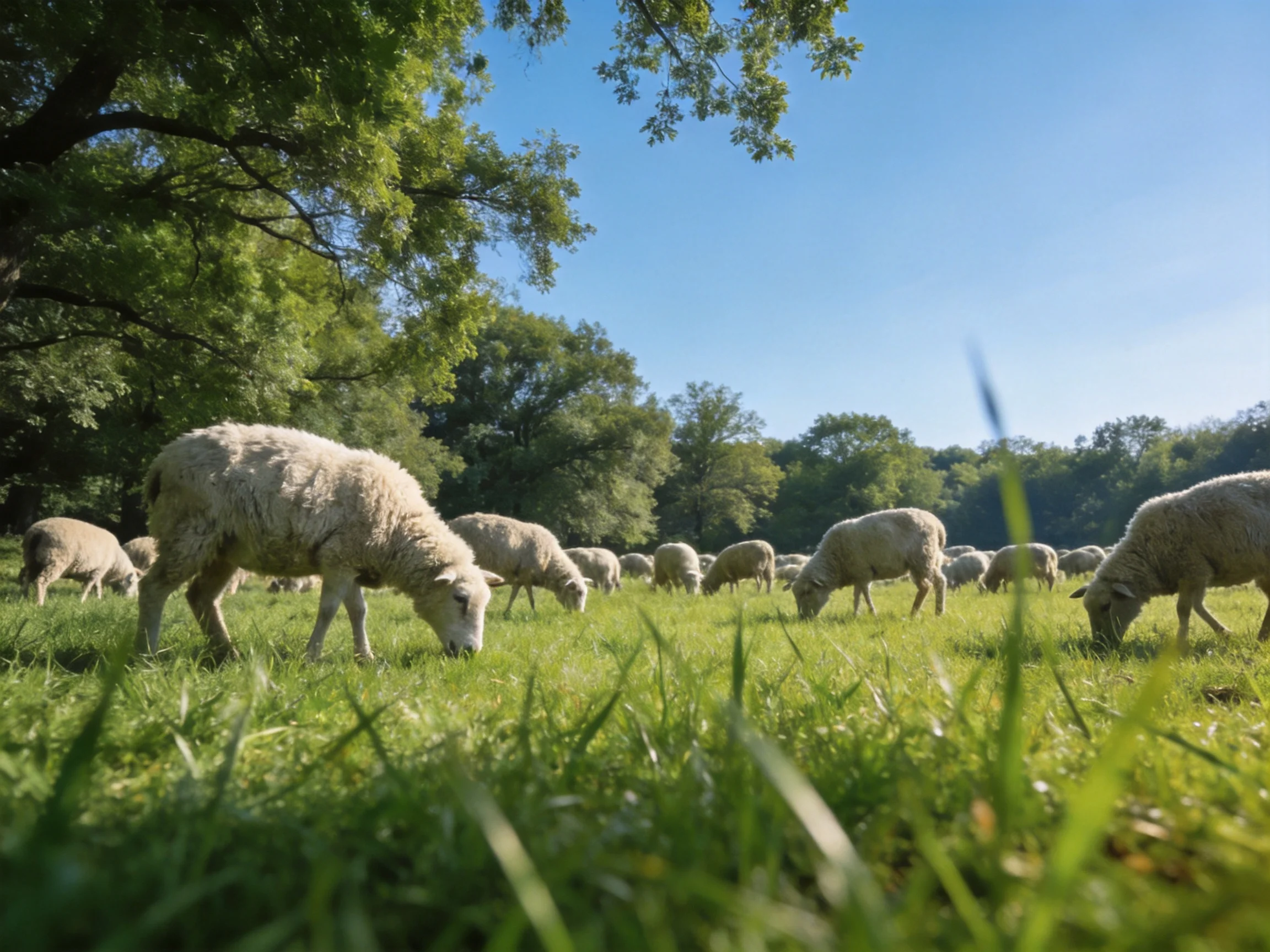 A flock of white sheep graze in a lush green meadow near tall trees