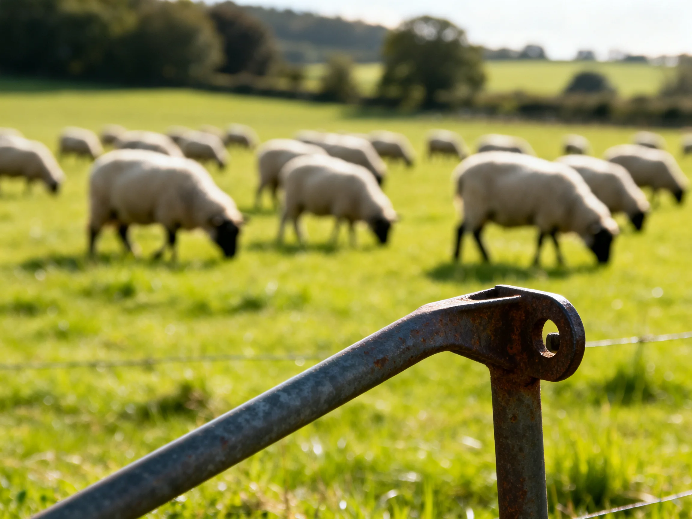 A flock of white sheep graze in a lush green pasture near a rusted metal fence
