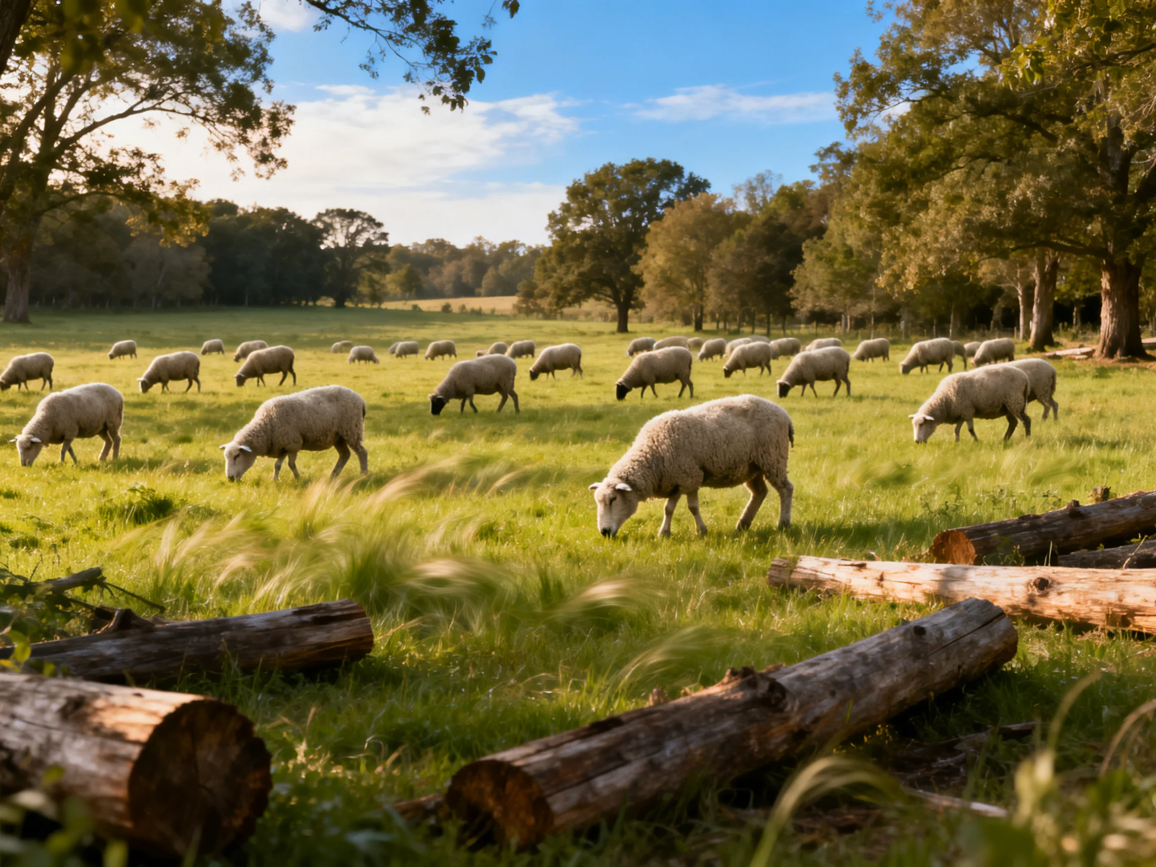 A flock of white sheep graze in a sunlit green pasture with scattered logs