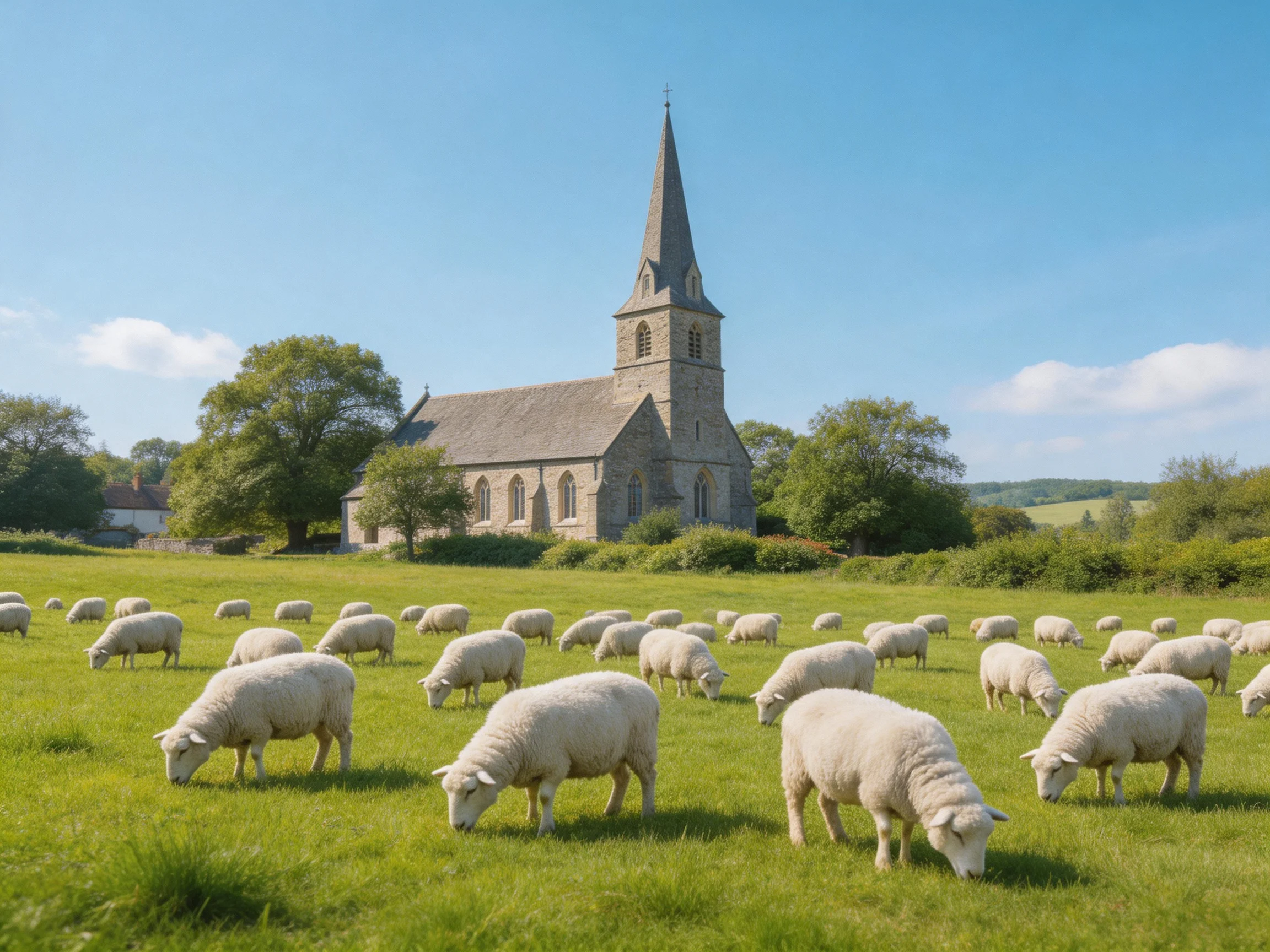 A flock of white sheep graze near an old stone church