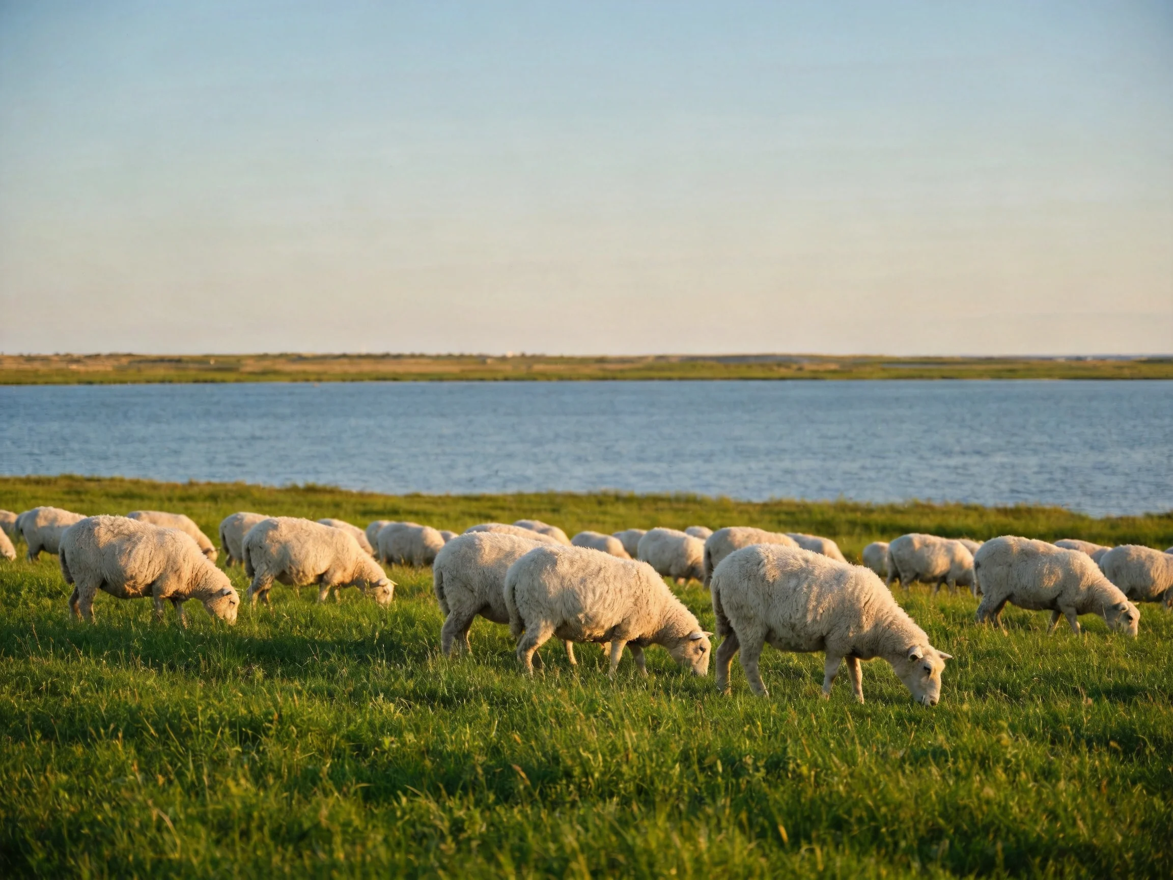 Sheep graze peacefully on green grass beside a large body of water.