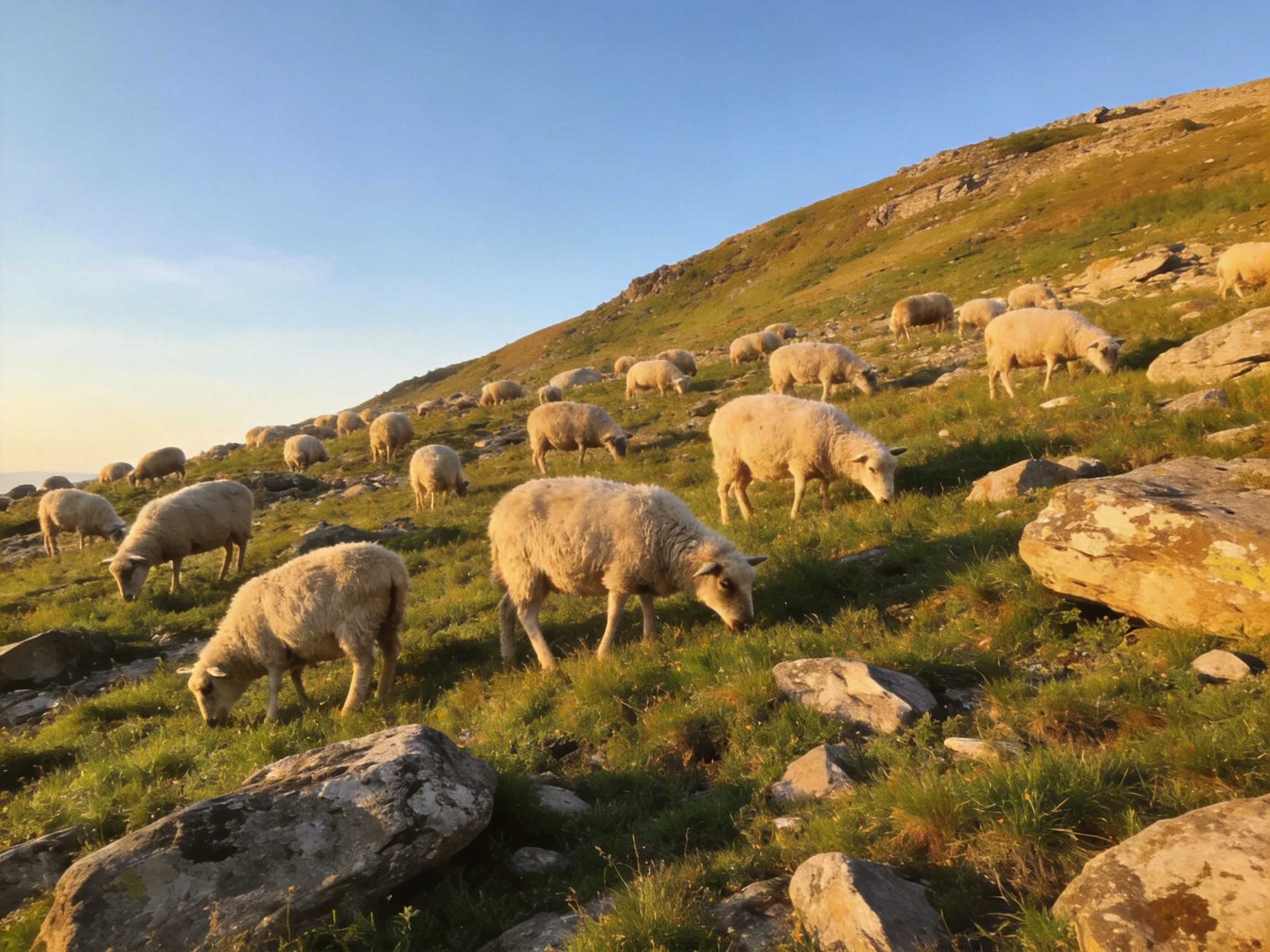 A flock of white sheep graze on a rocky, green hillside with scattered stones