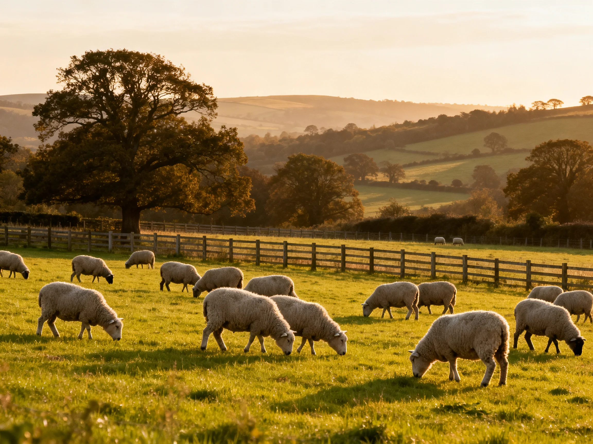 White sheep graze in a sunlit countryside landscape with rolling hills