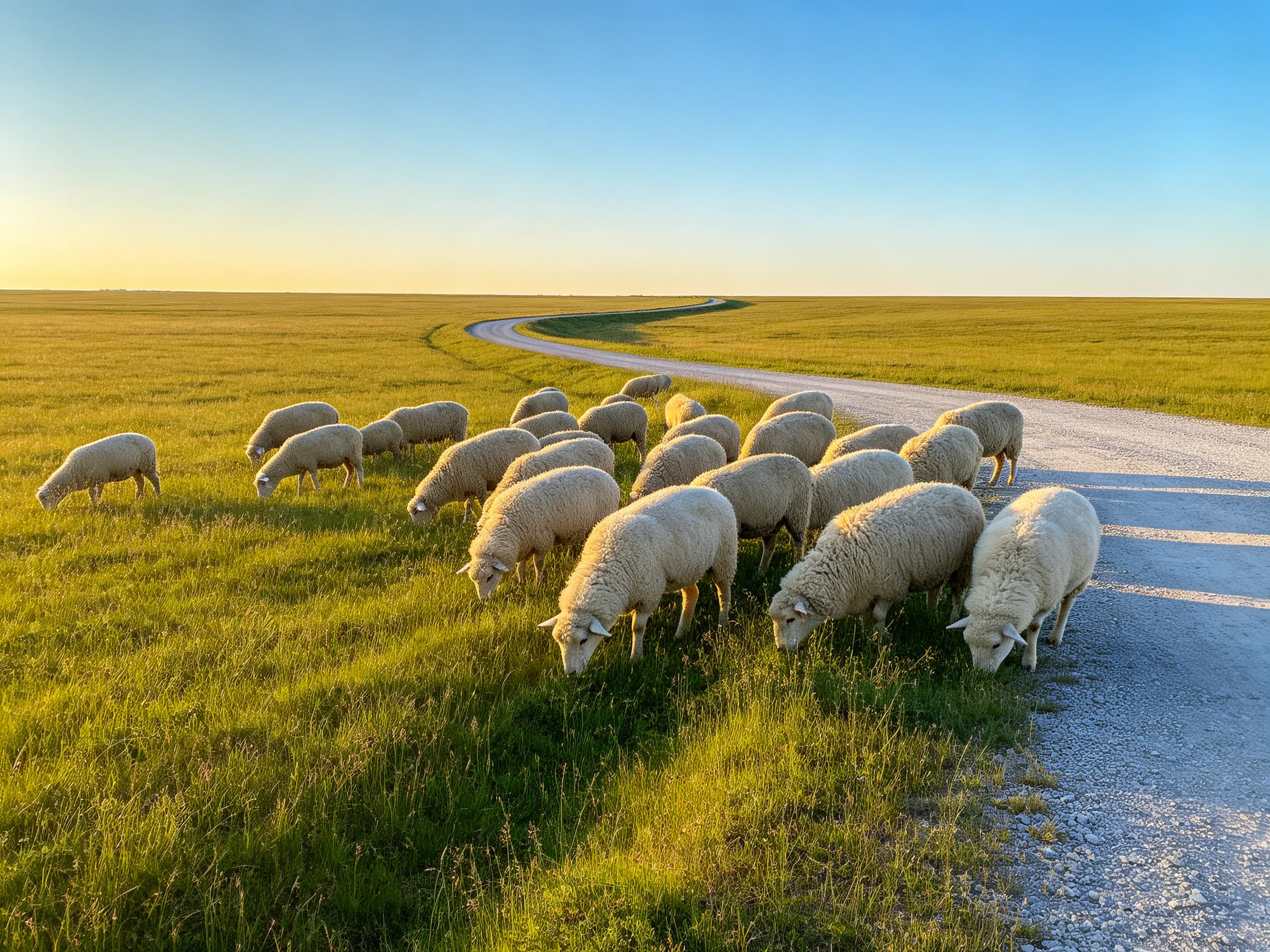 A flock of white sheep grazing beside a winding dirt road in golden fields