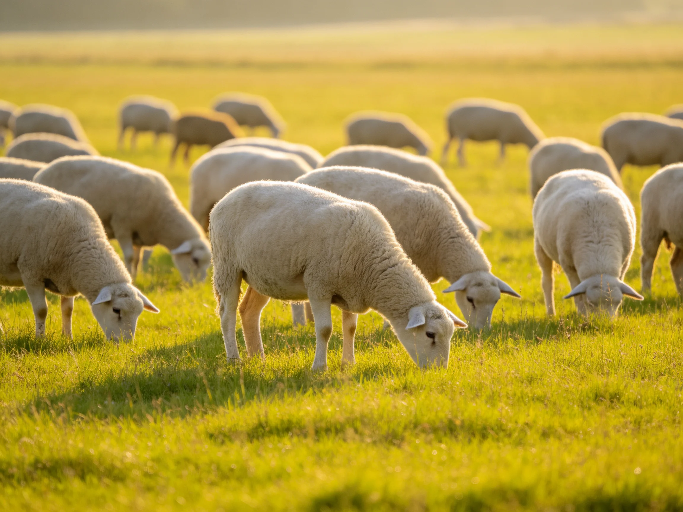 A flock of white sheep grazing in a golden-green pasture