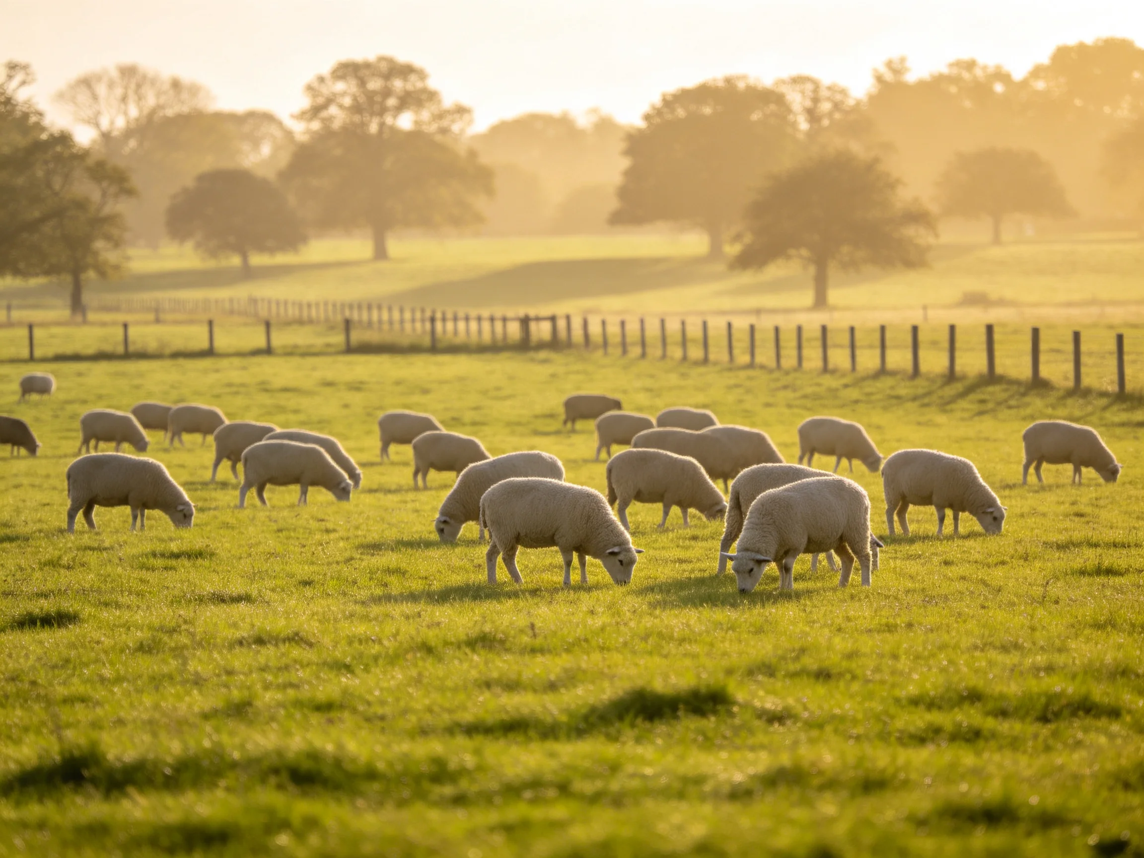 A flock of white sheep grazing in a golden-hued green pasture