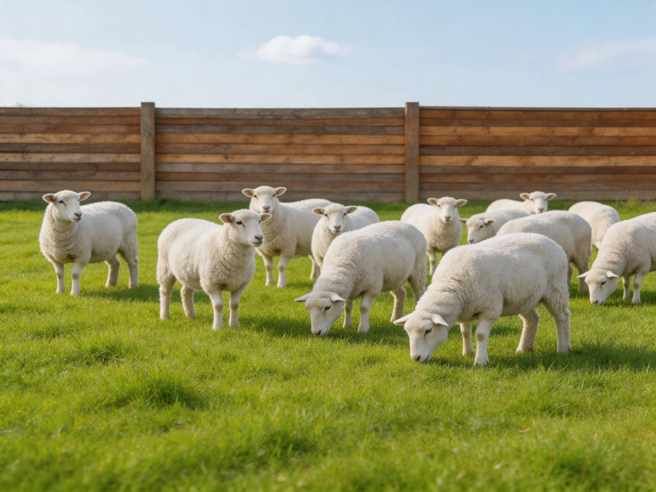 A flock of white sheep grazing in a green pasture by a wooden fence