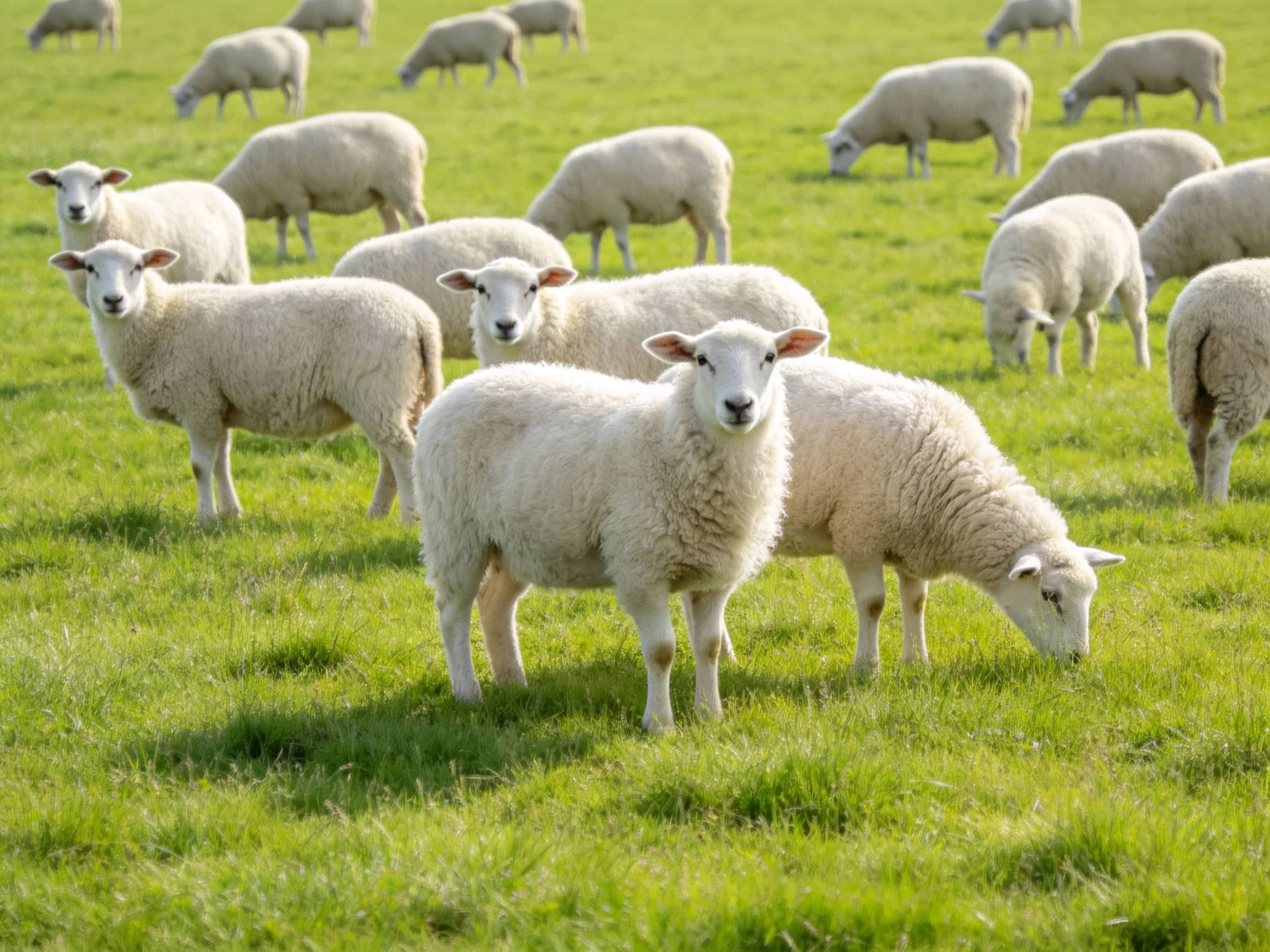 A flock of white sheep grazing in a green pasture