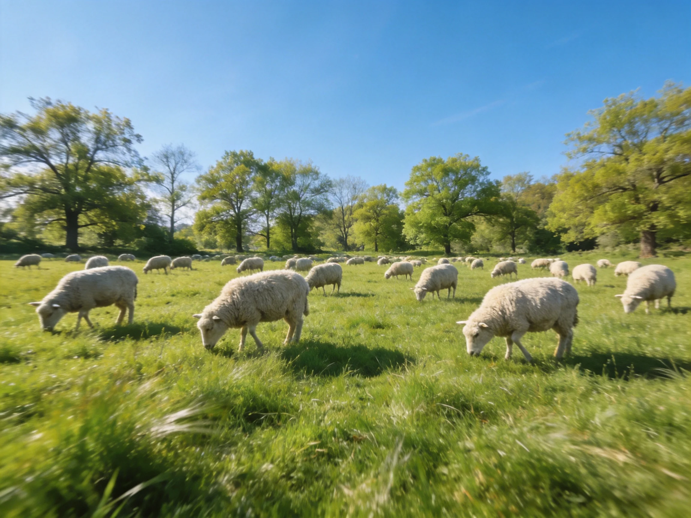White sheep graze in a sunny green pasture with surrounding trees.