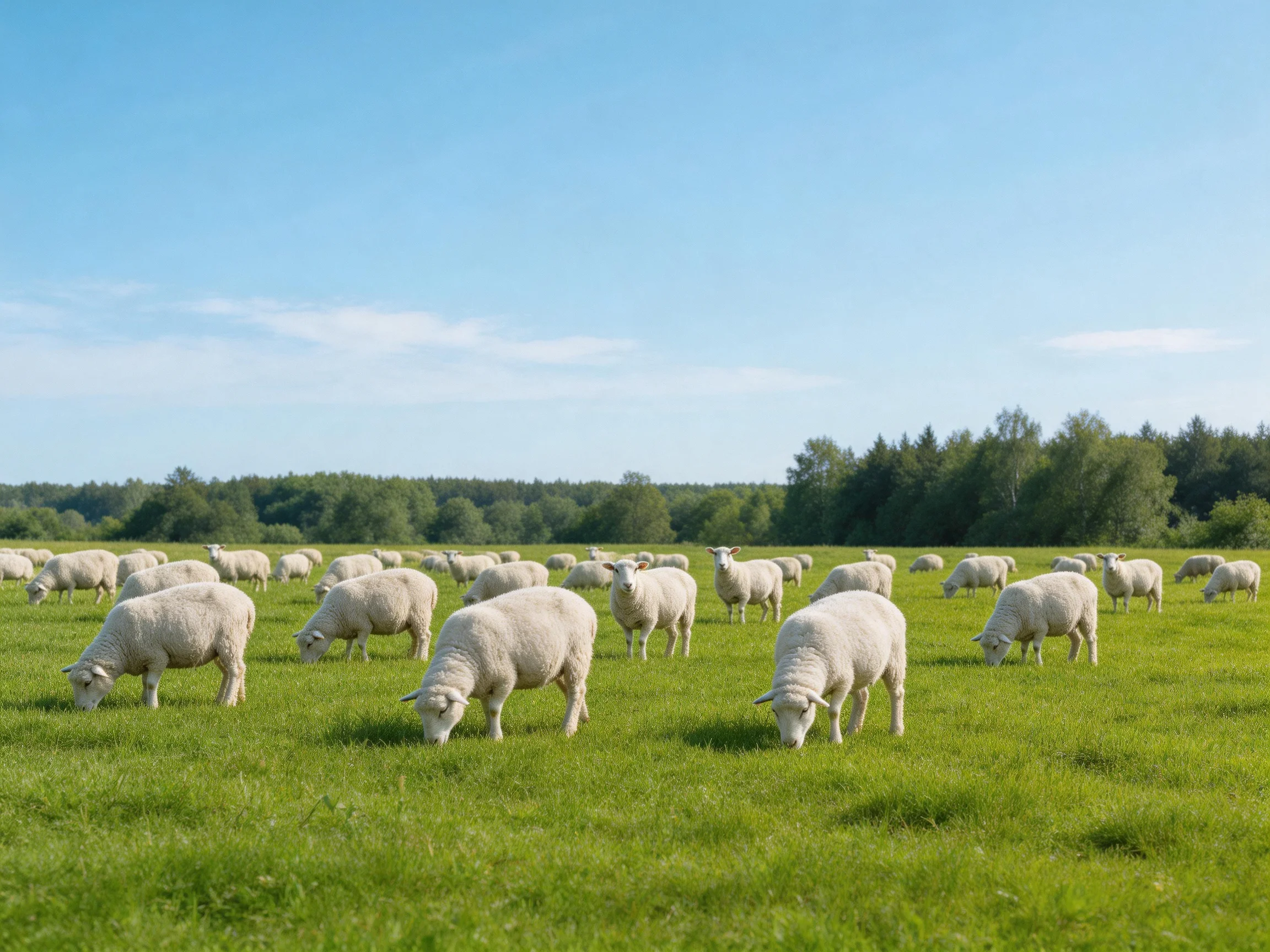 Sheep graze in a sunny, green pasture.