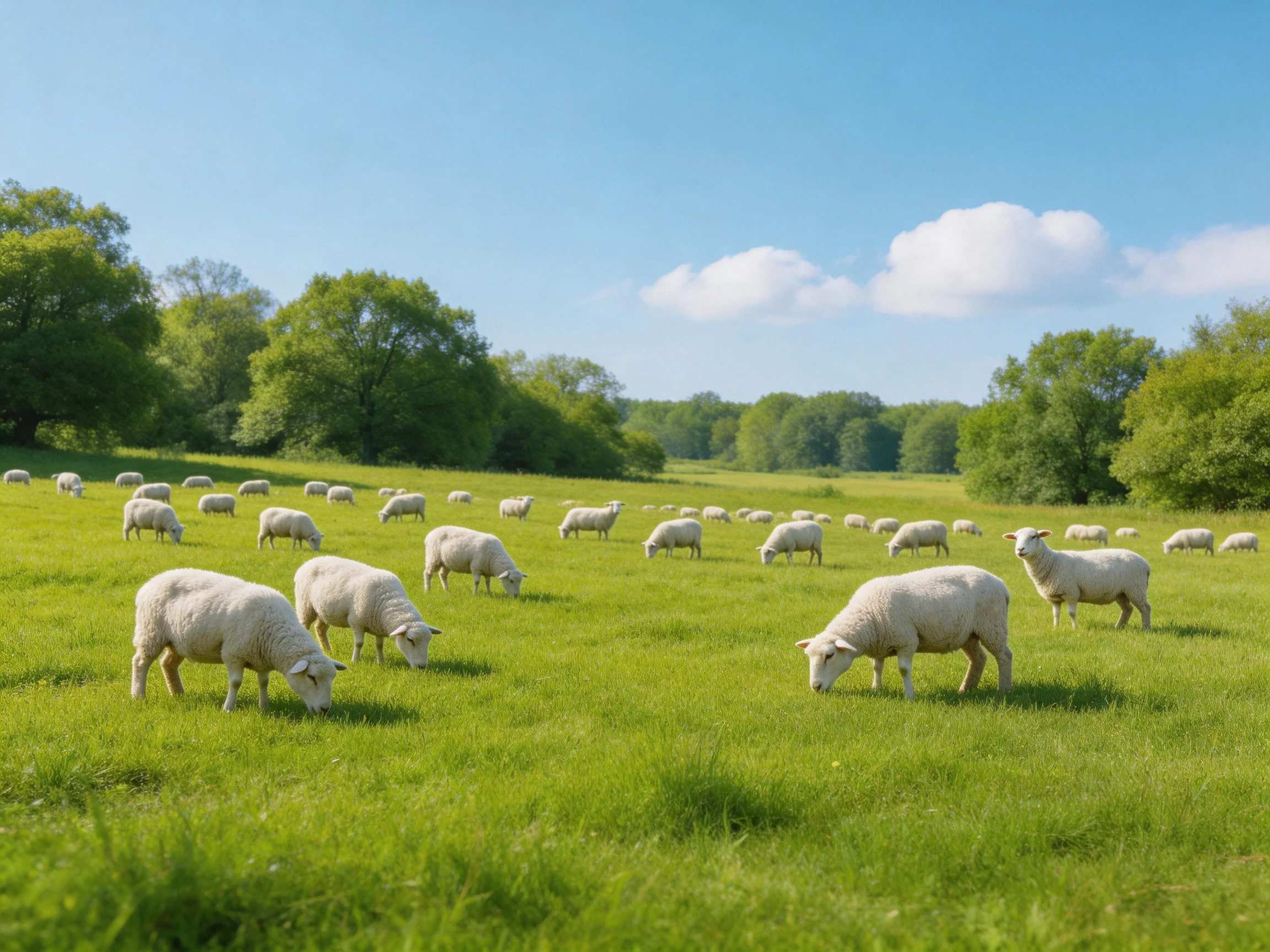 A flock of sheep grazes peacefully in a sunlit green pasture with trees