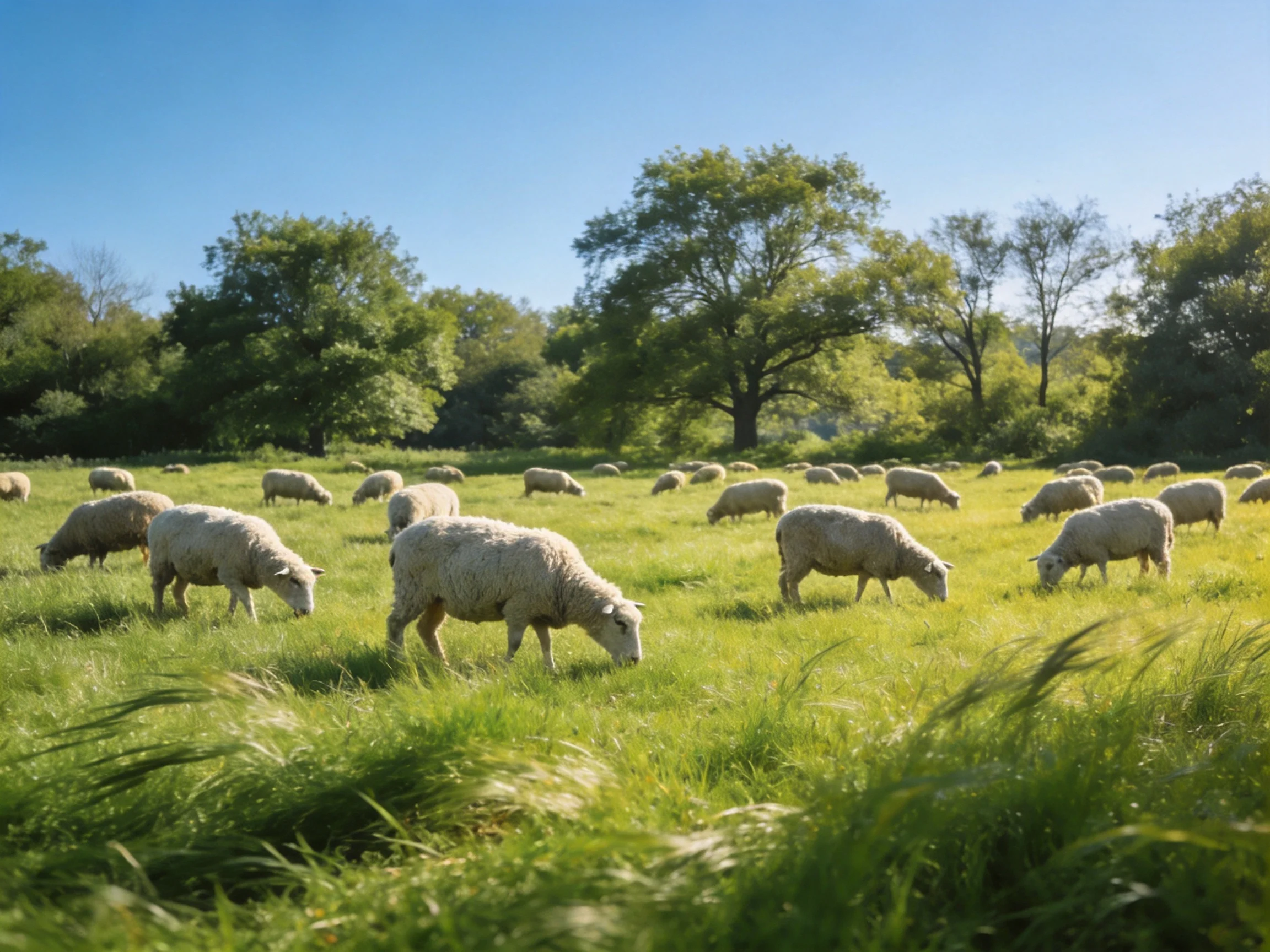 A flock of sheep grazes in a lush green meadow near trees