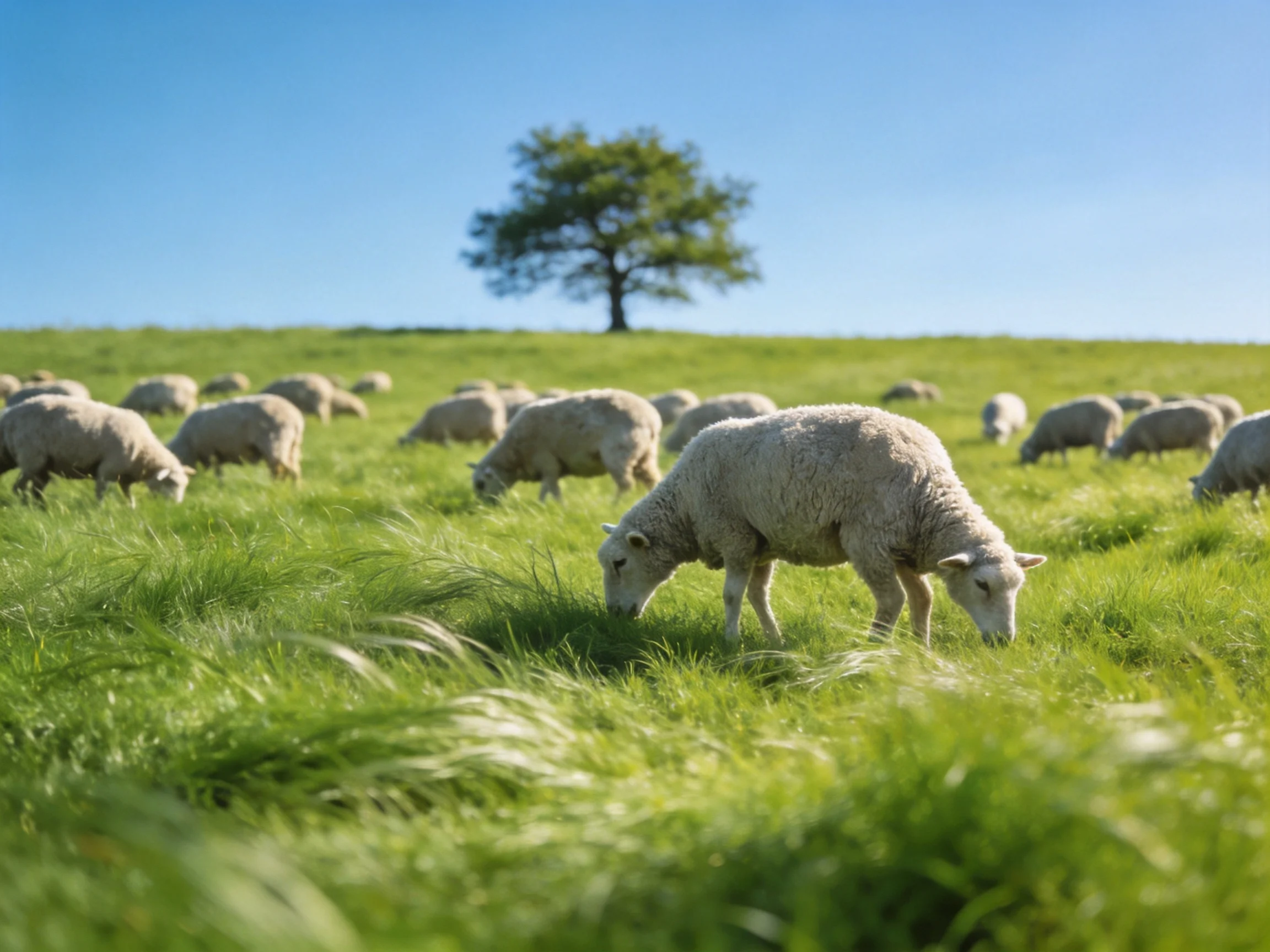 A flock of white sheep grazing in a lush green meadow near a solitary tree