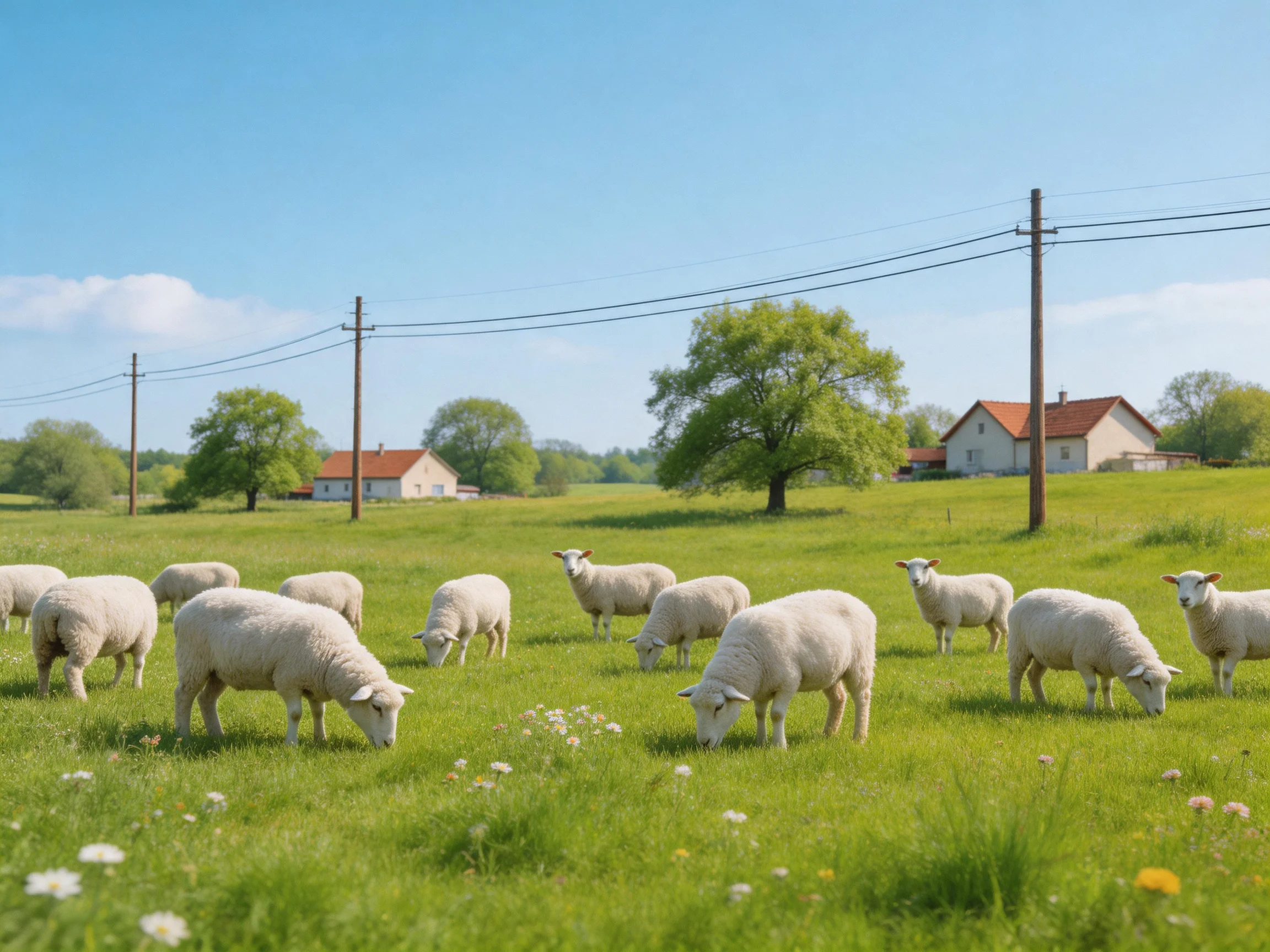 Sheep graze in a green meadow with rural homes and trees in the distance