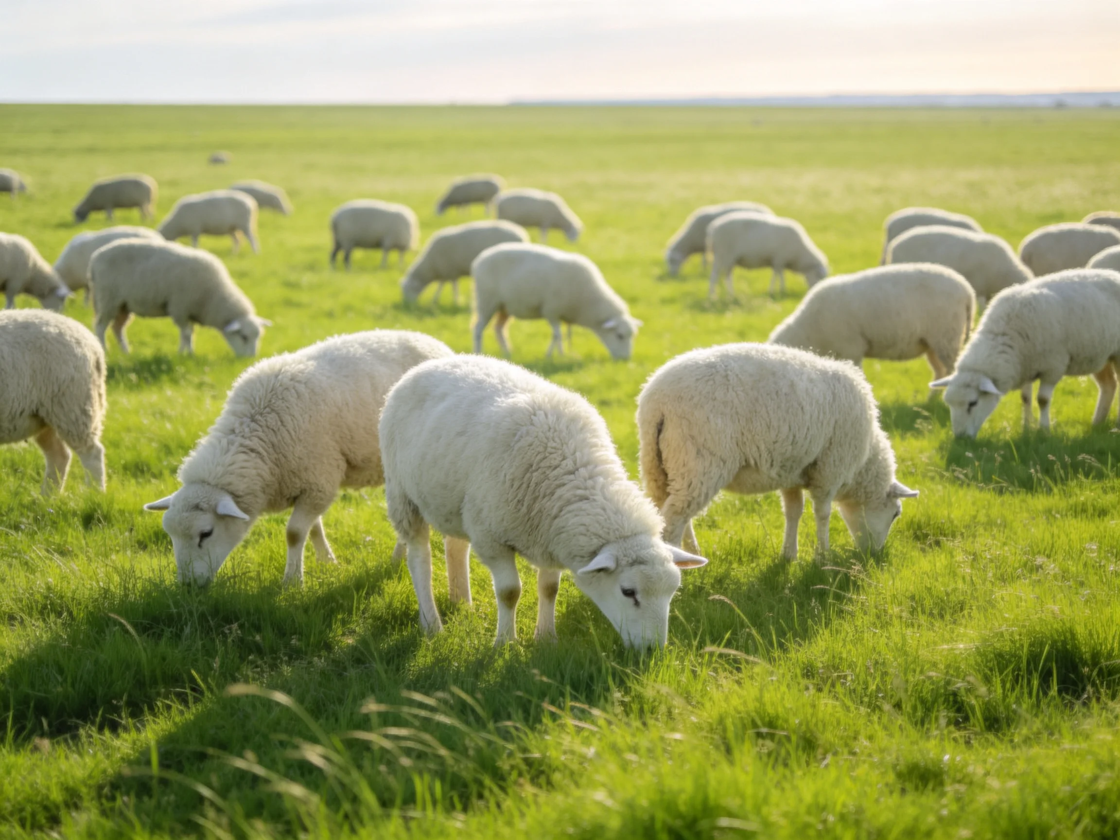 A flock of white sheep grazing in a lush green meadow