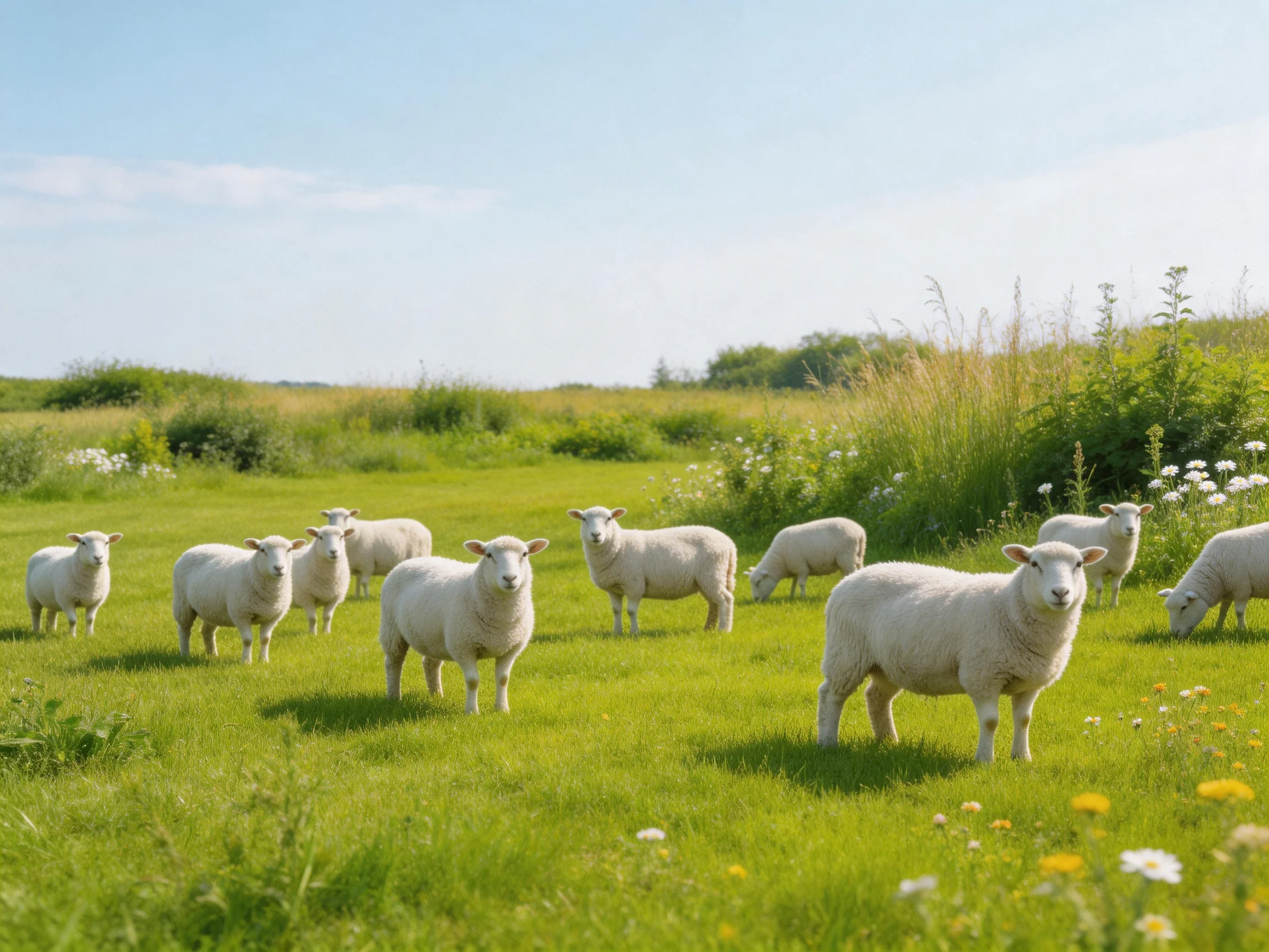 A flock of white sheep grazing in a lush green meadow