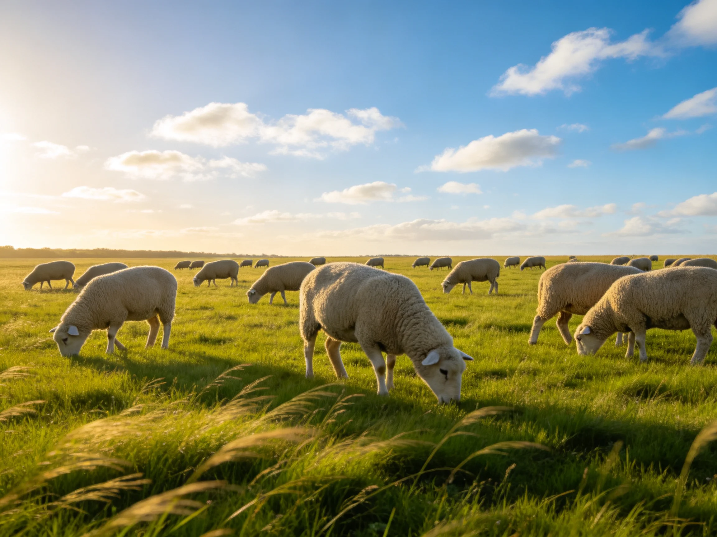 A flock of white sheep grazing in a lush green meadow under bright blue skies