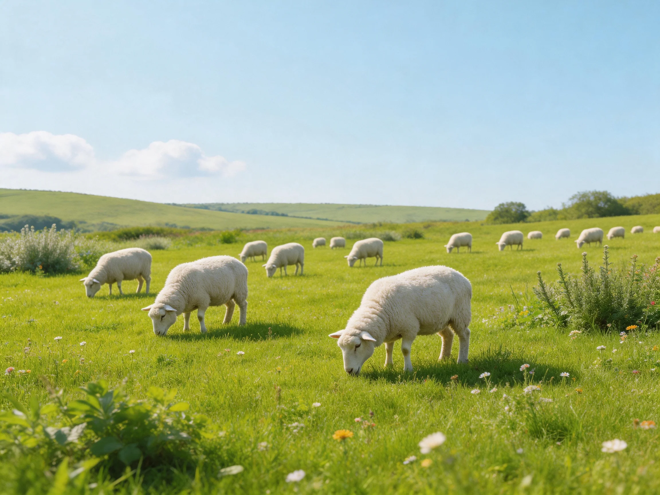 White sheep graze in a lush green meadow under a clear blue sky.