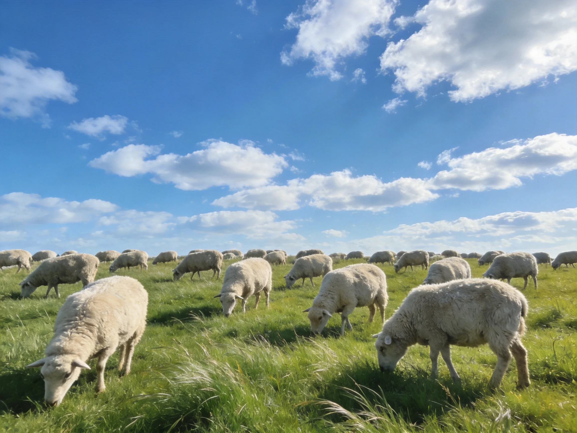 A flock of white sheep grazing in a lush green meadow under bright blue sky