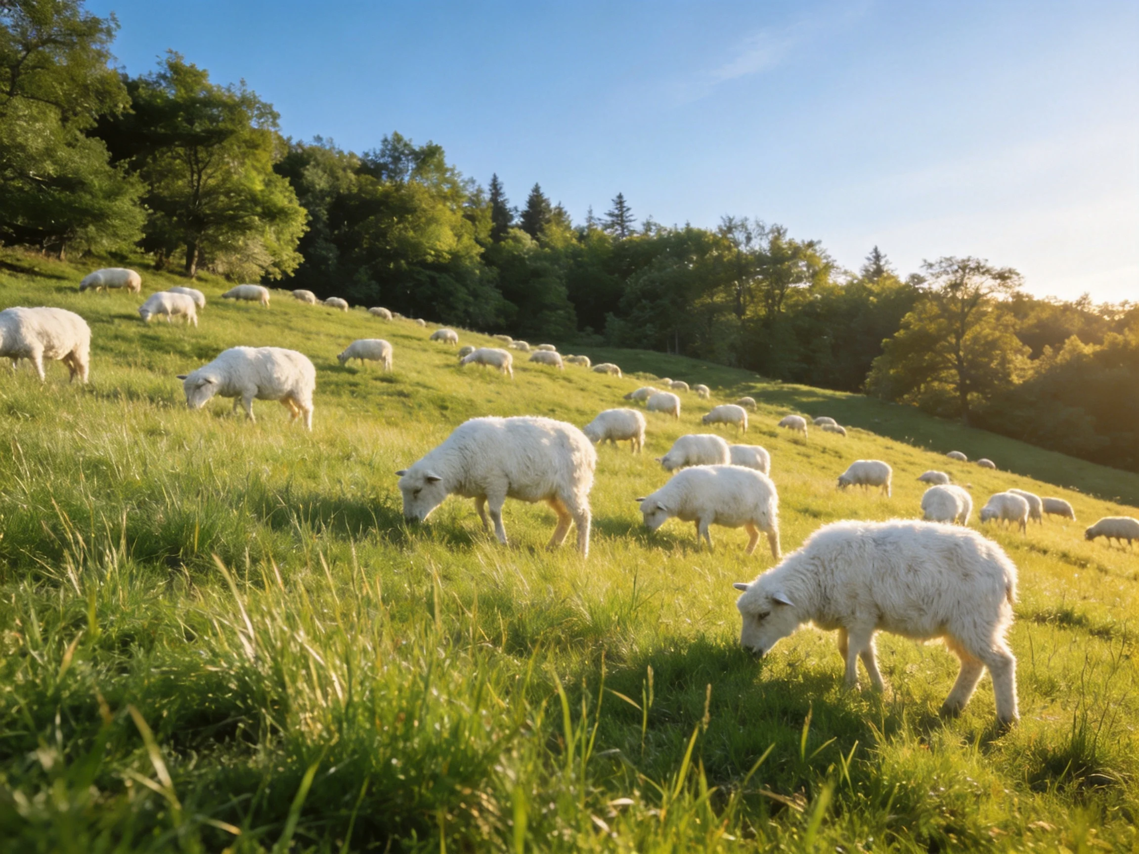 A flock of white sheep grazing in a lush green meadow under bright sunlight