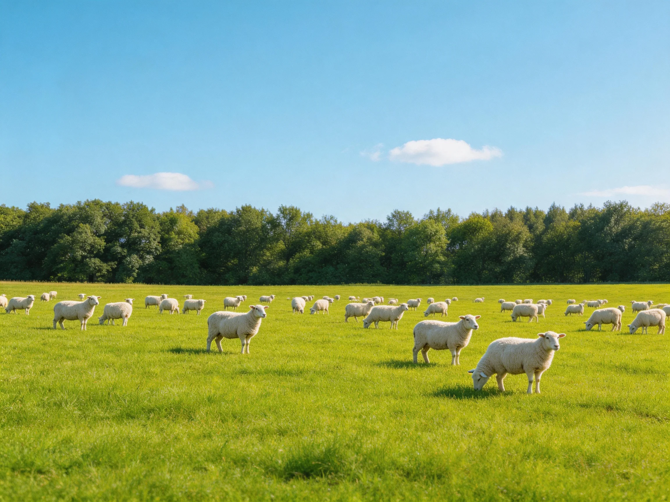 A flock of white sheep grazing in a lush green meadow under clear blue sky