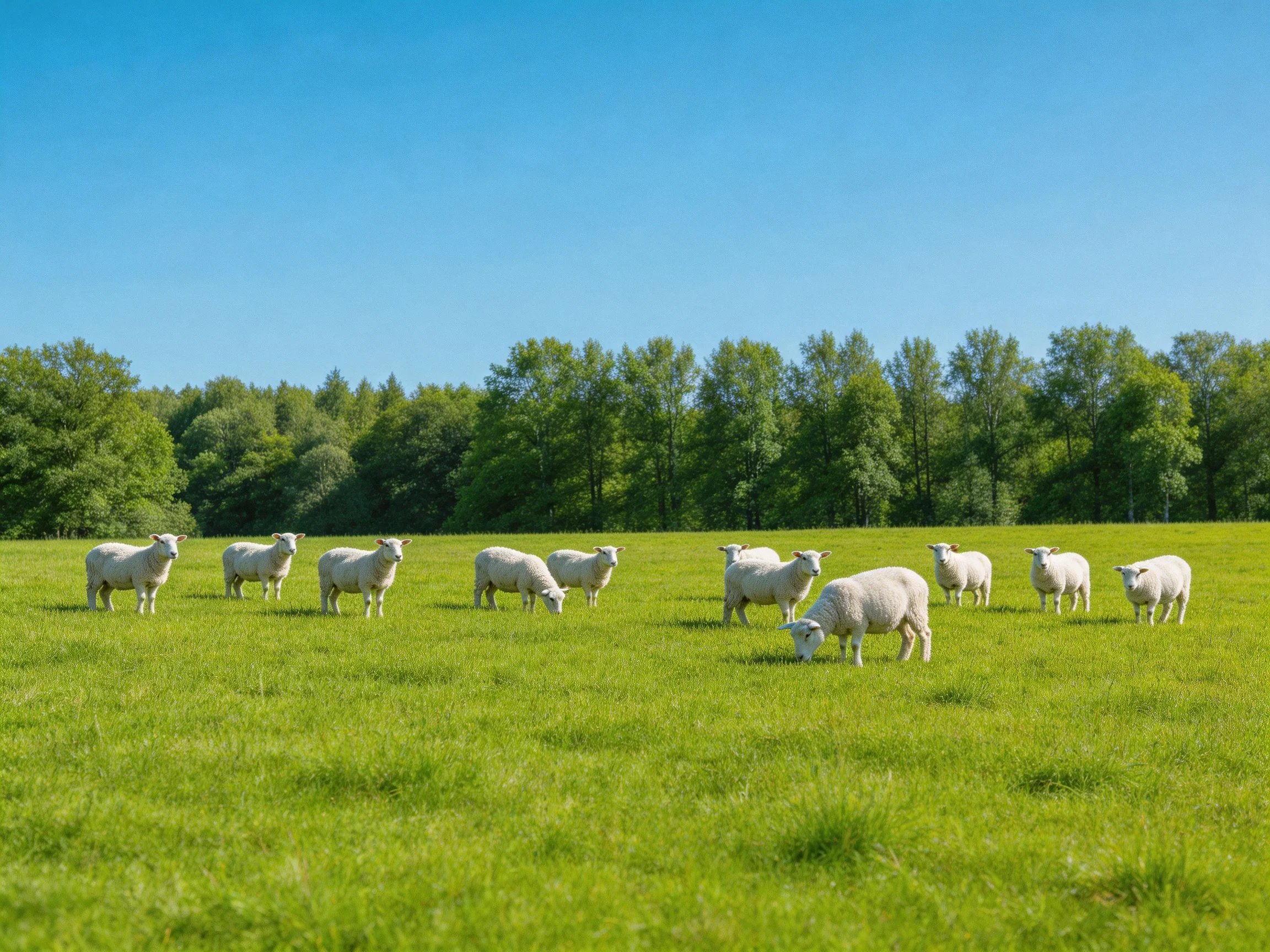 A flock of white sheep grazing in a lush green meadow under clear blue sky