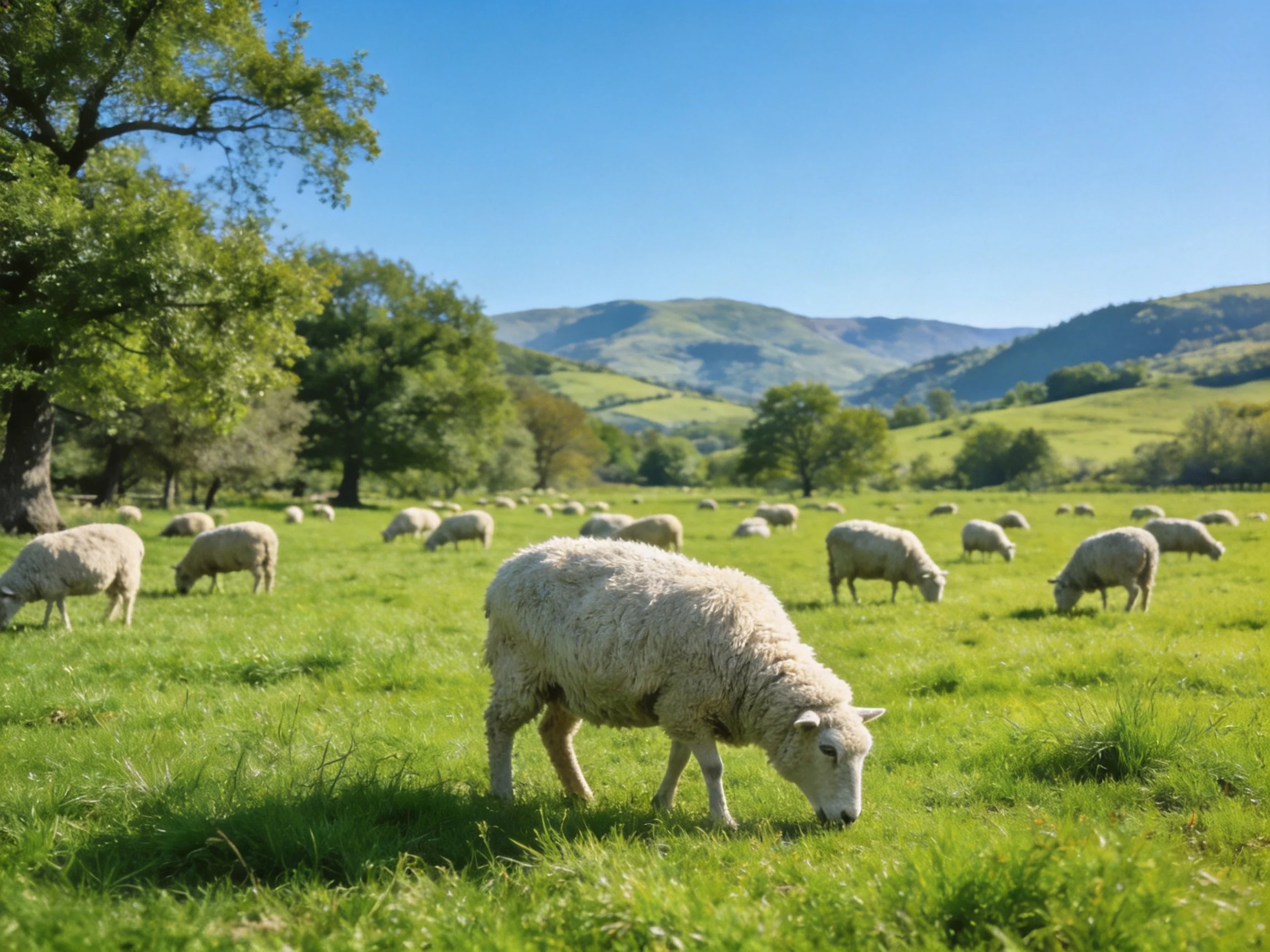A flock of white sheep grazing in a lush green meadow with rolling hills