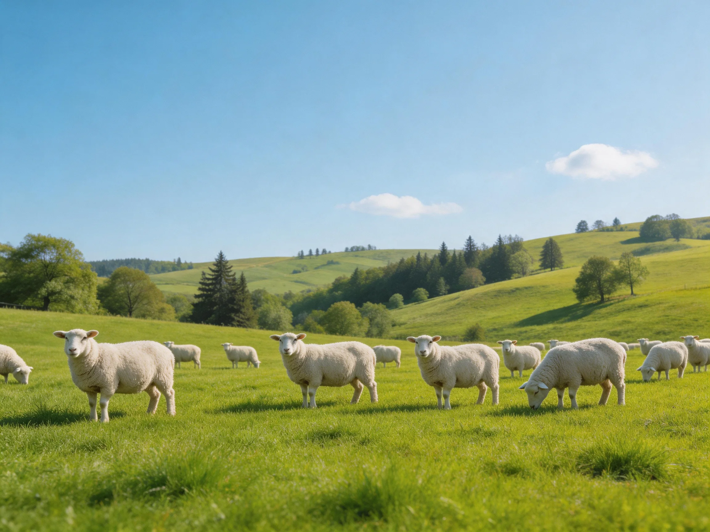 Sheep graze in a vibrant green pasture surrounded by rolling hills