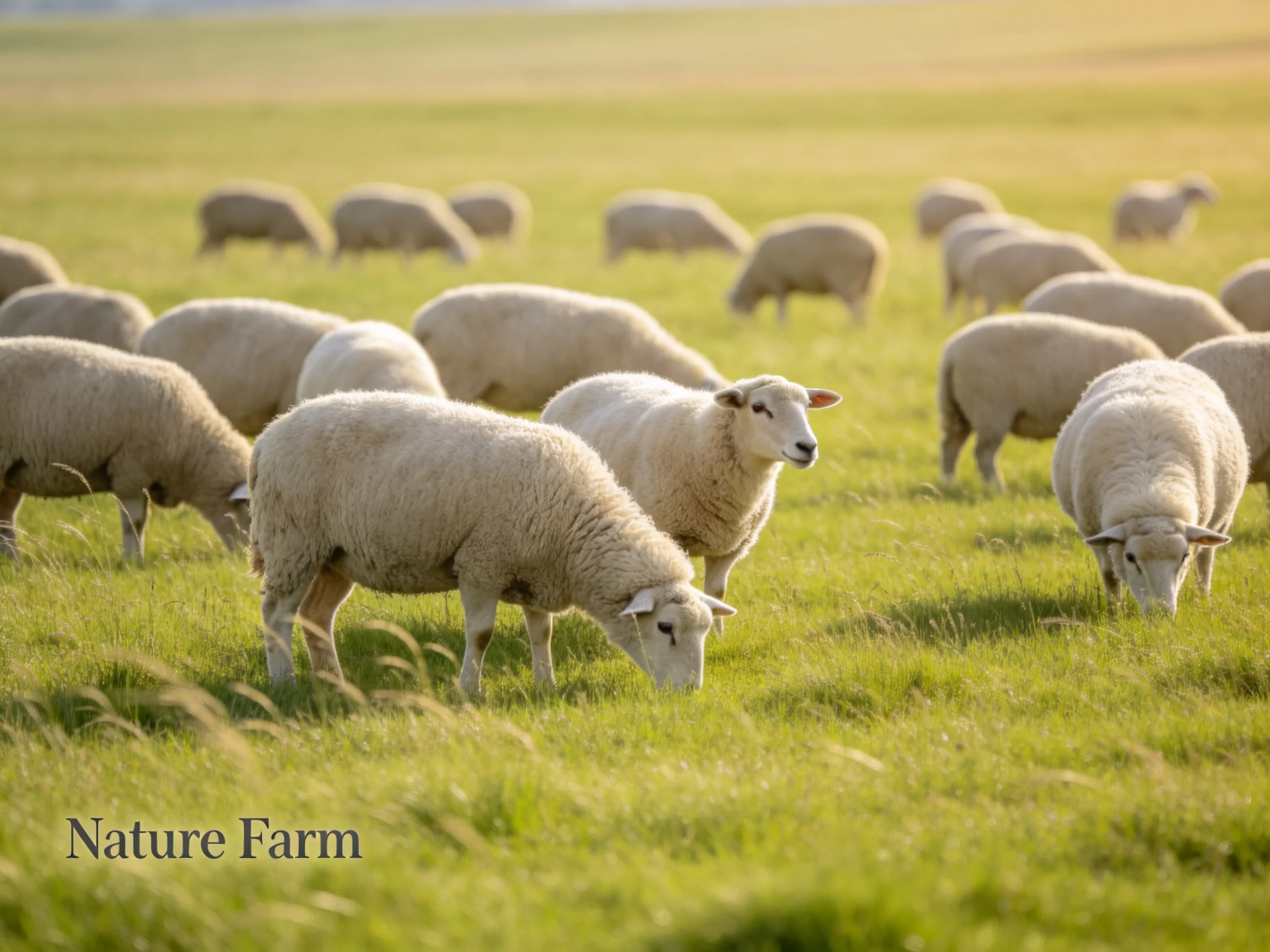 A flock of white sheep grazing in a lush green pasture