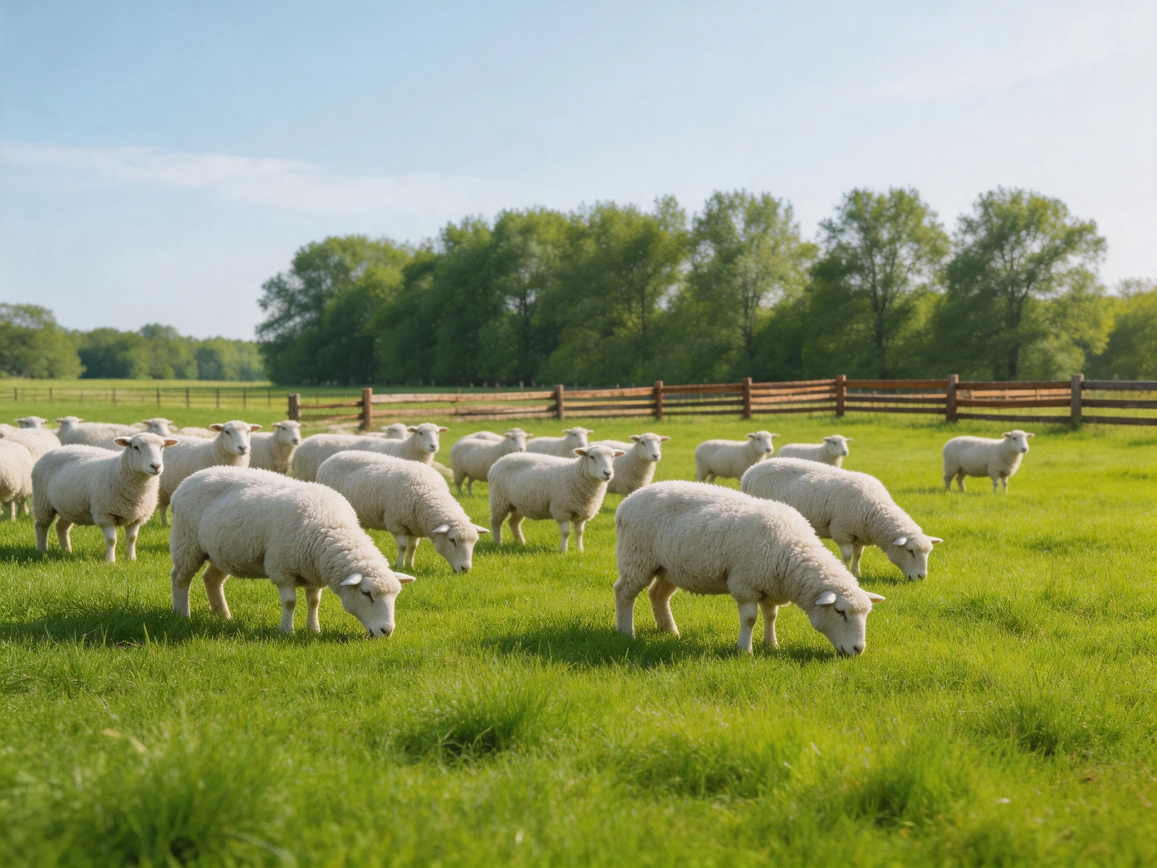 White sheep graze in a sunny pasture bordered by a wooden fence and trees.