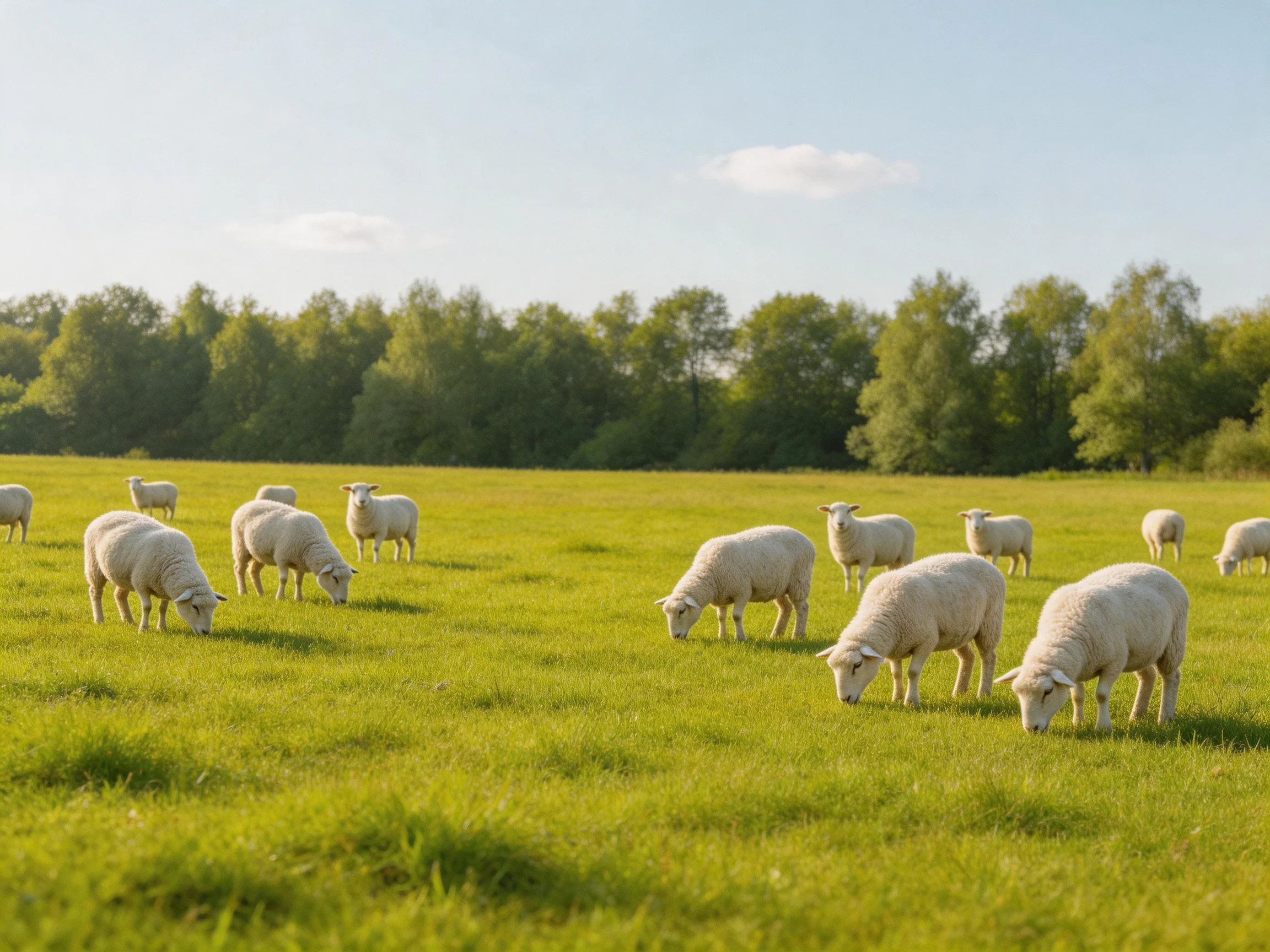 White sheep graze in a sunlit green pasture near trees.