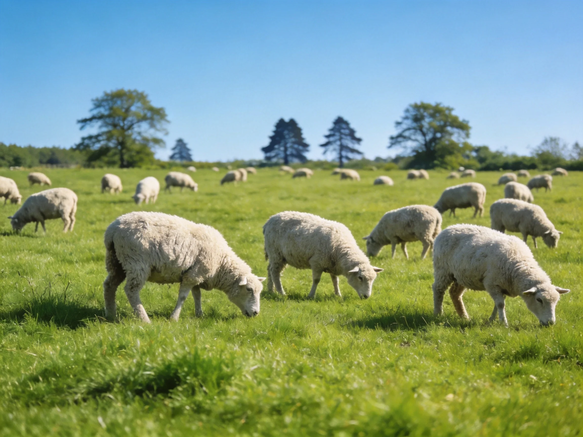 A flock of white sheep grazing in a lush green pasture